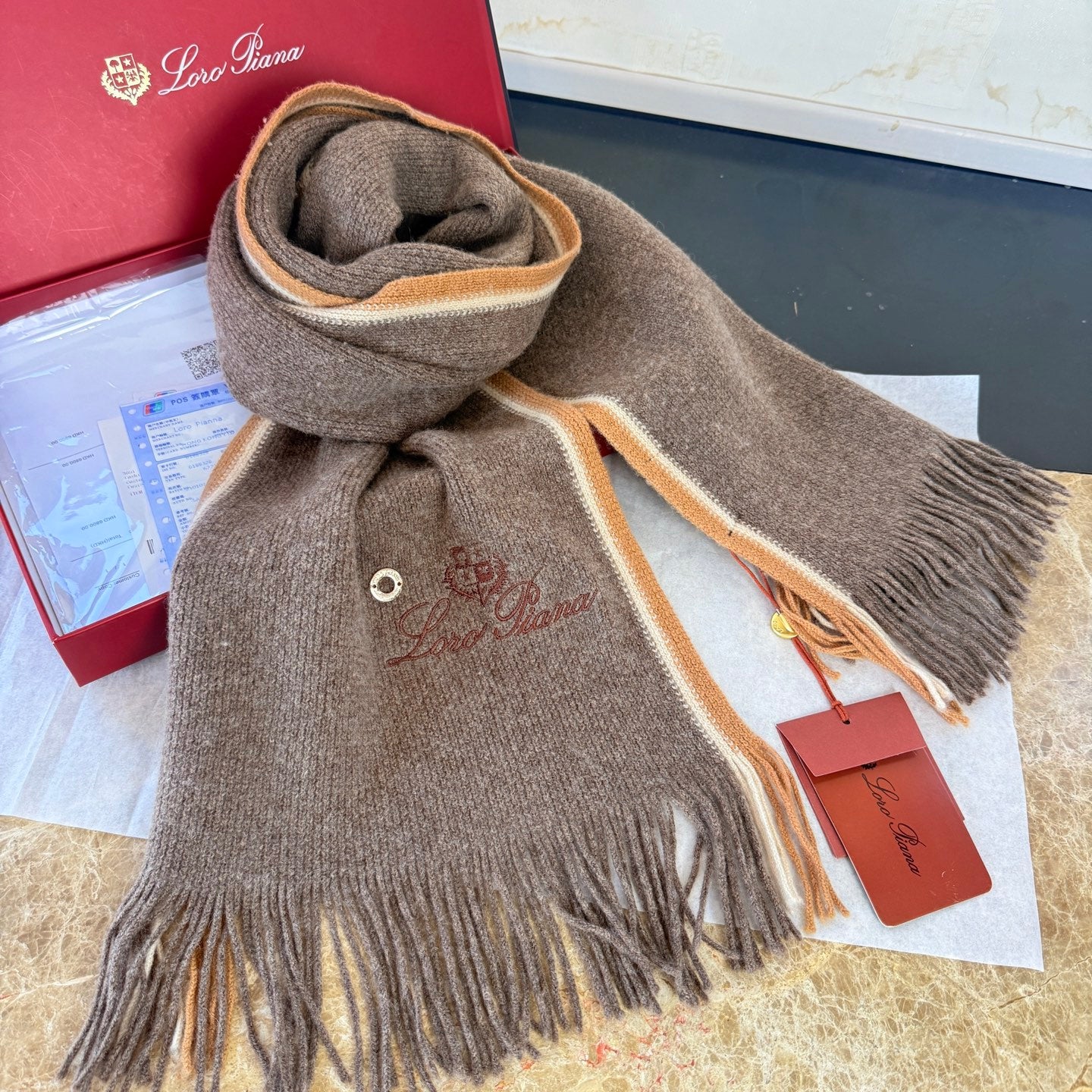 Loro Piana Long Scarf Dark Brown Cashmere 150406