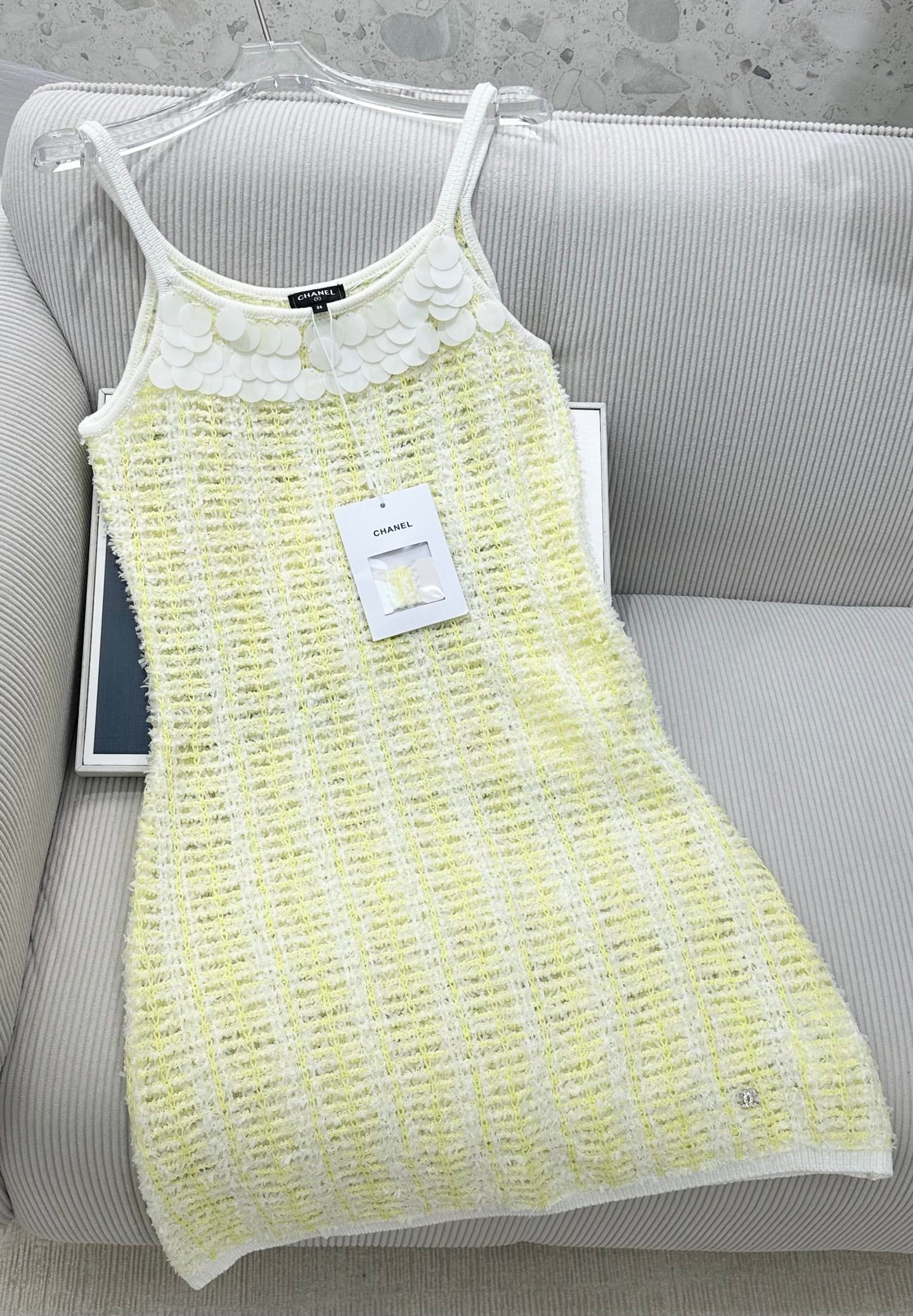 CC 26s Custom-Dyed Yarn Knitted Slip Dress White Yellow Cotton 415552
