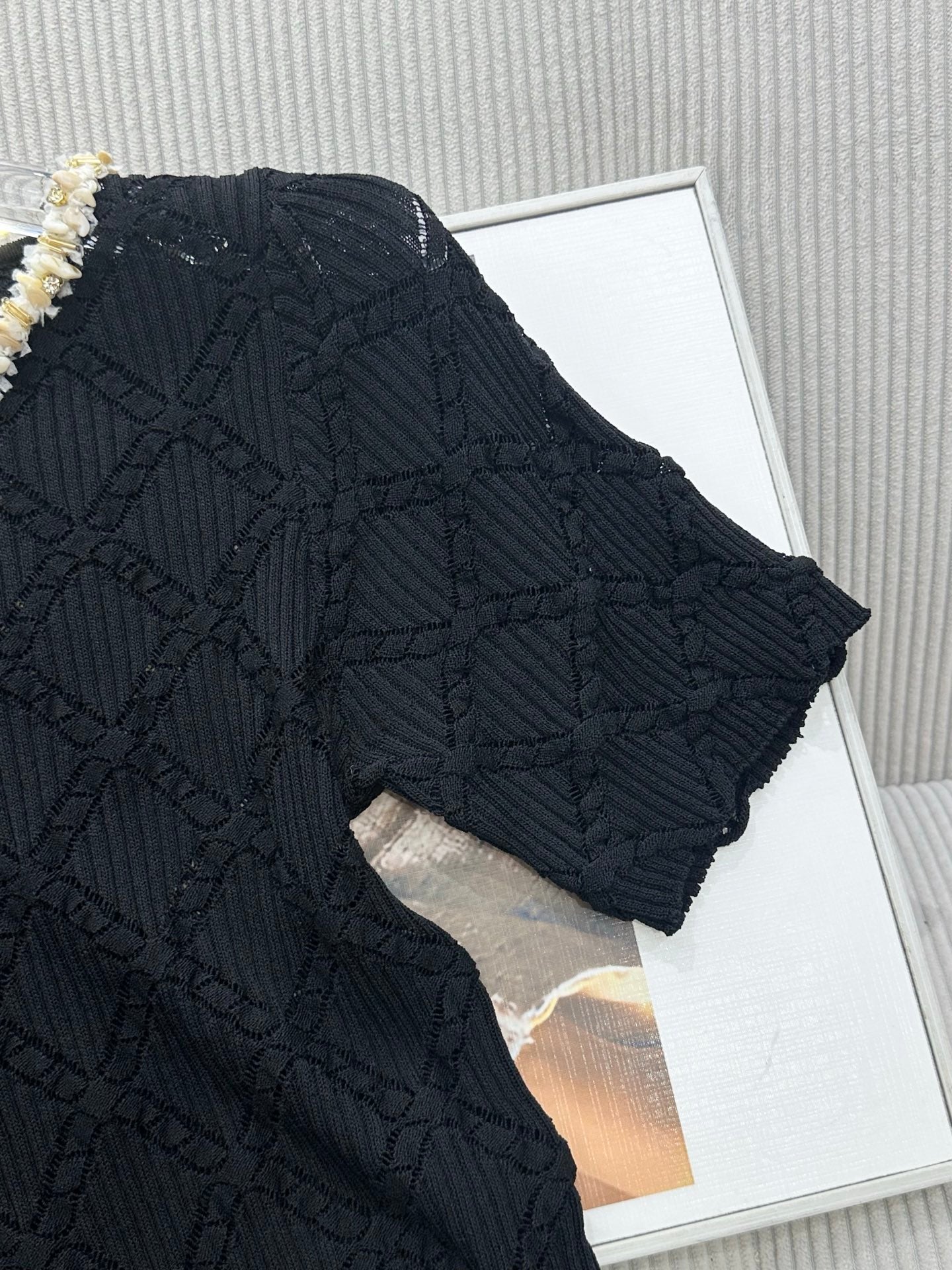 CC 26s Round Neck Knit Short-Sleeved Top Black Tencel Silk 415531