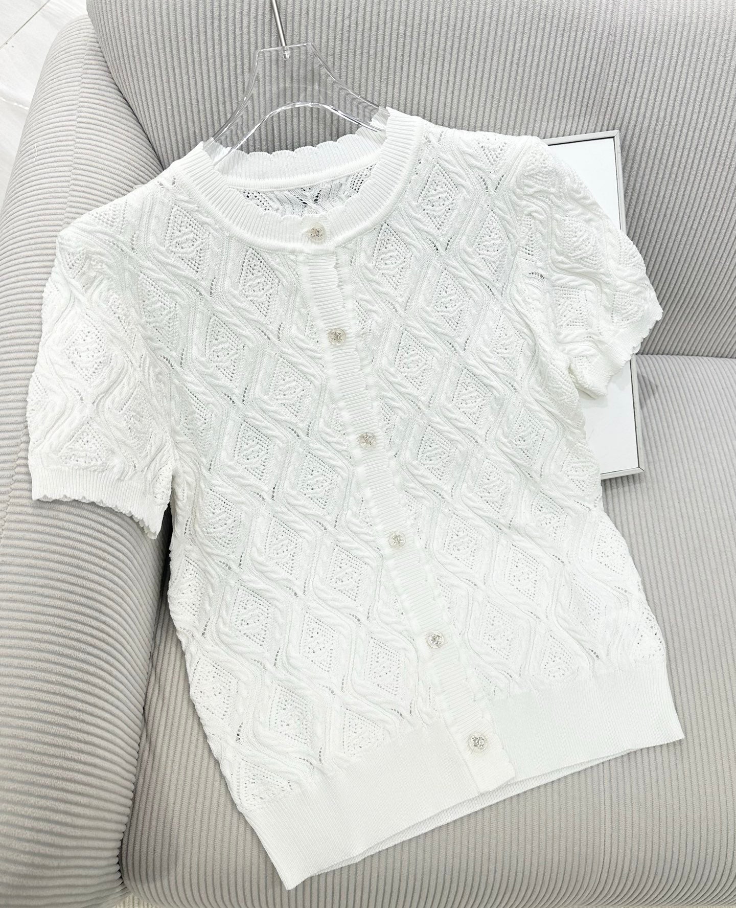 CC 26s Short-Sleeved Cardigan Top White Tencel Silk 415537