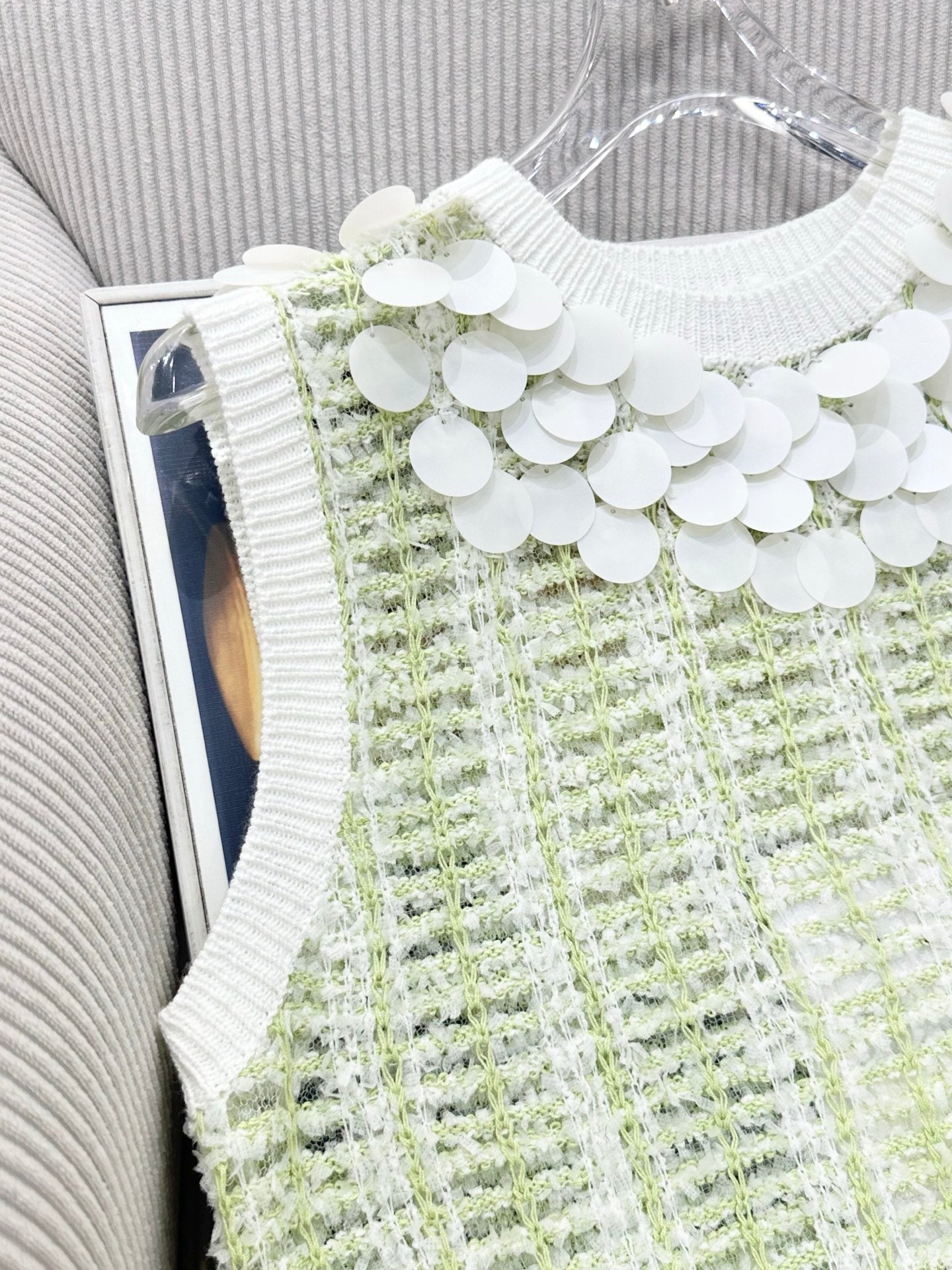 CC 26s Custom-Dyed Yarn Vest Top White Green Cotton 415546