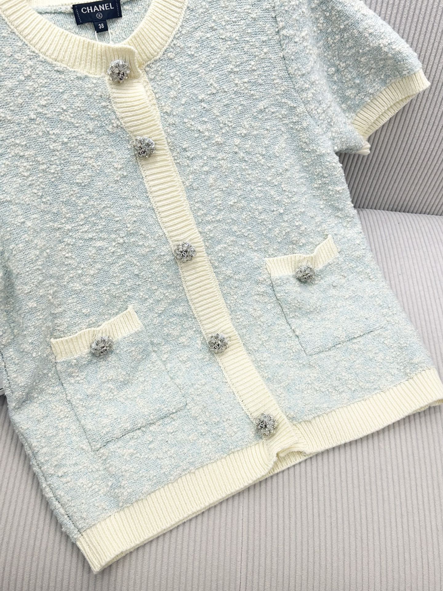 CC 26s Short-Sleeved Cardigan Light Blue Cream Wool Cotton 415529
