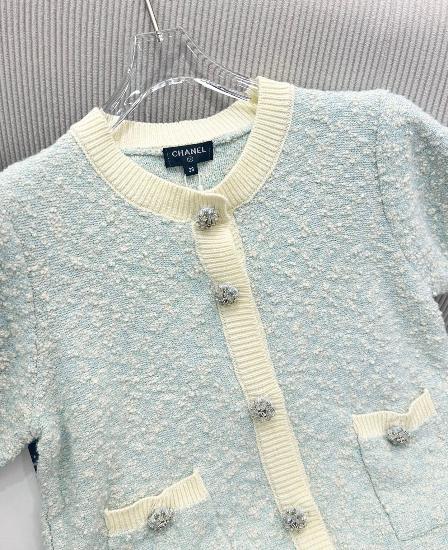 CC 26s Short-Sleeved Cardigan Light Blue Cream Wool Cotton 415529
