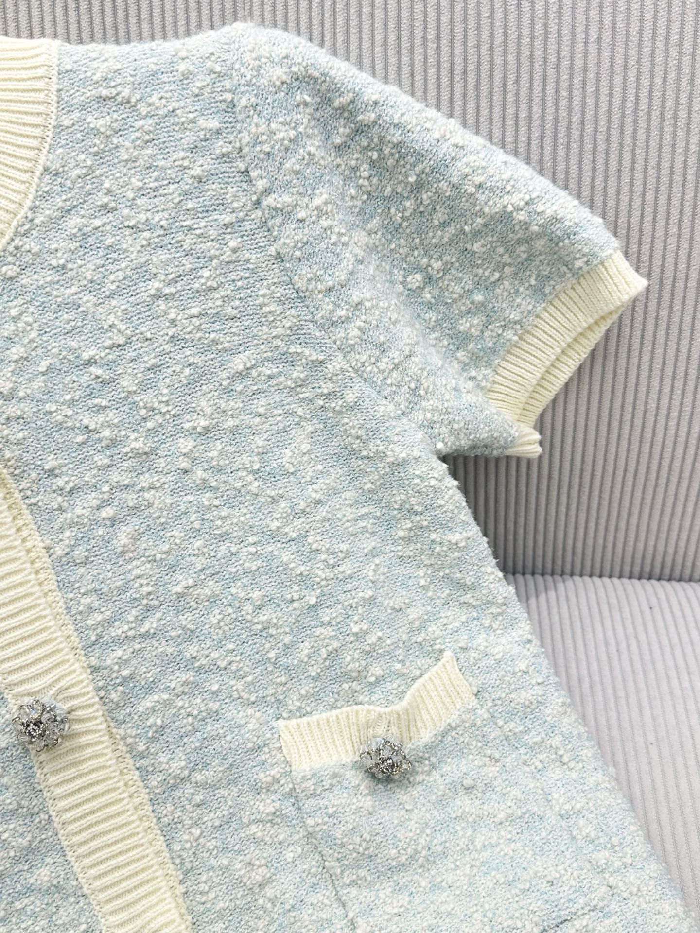 CC 26s Short-Sleeved Cardigan Light Blue Cream Wool Cotton 415529