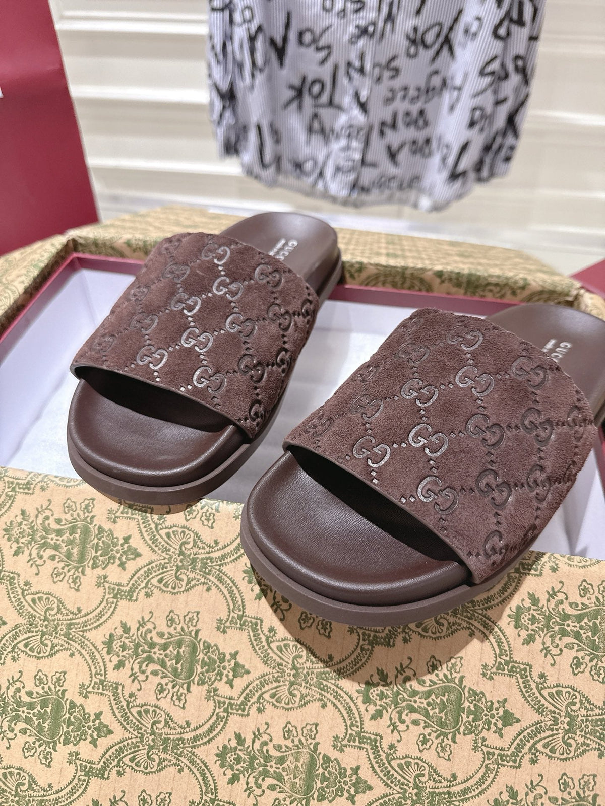 GG 26s Slides In Dark Brown Suede With Embossed Logo Style 1