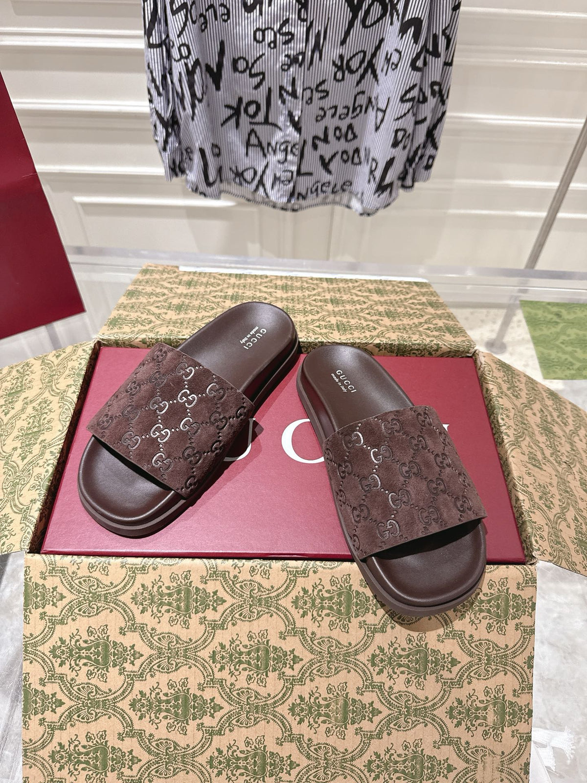 GG 26s Slides In Dark Brown Suede With Embossed Logo Style 1