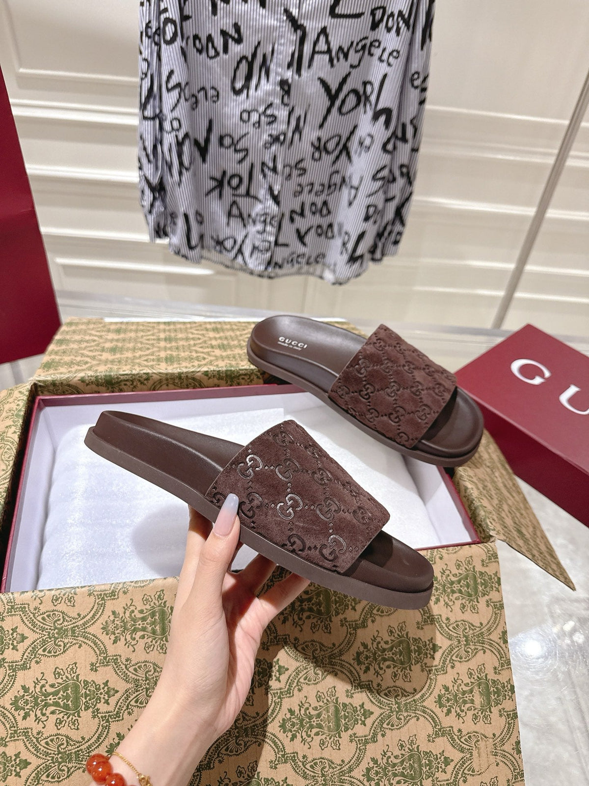 GG 26s Slides In Dark Brown Suede With Embossed Logo Style 1