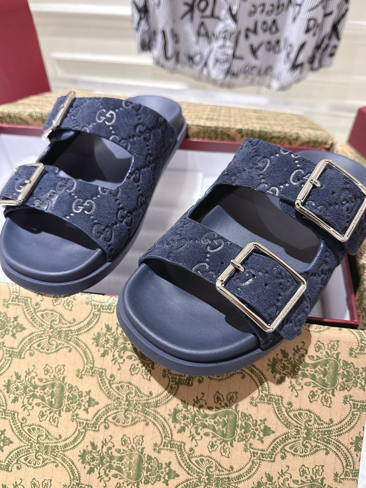 GG 26s Sandals In Navy Blue Suede Embossed Logo Silver Hardware