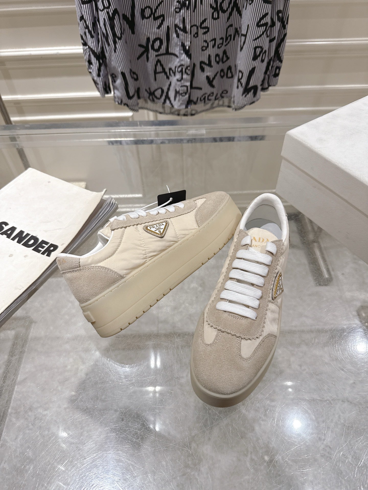 Prada 26s Downtown Sneakers Cream Beige Re-Nylon Suede 968251