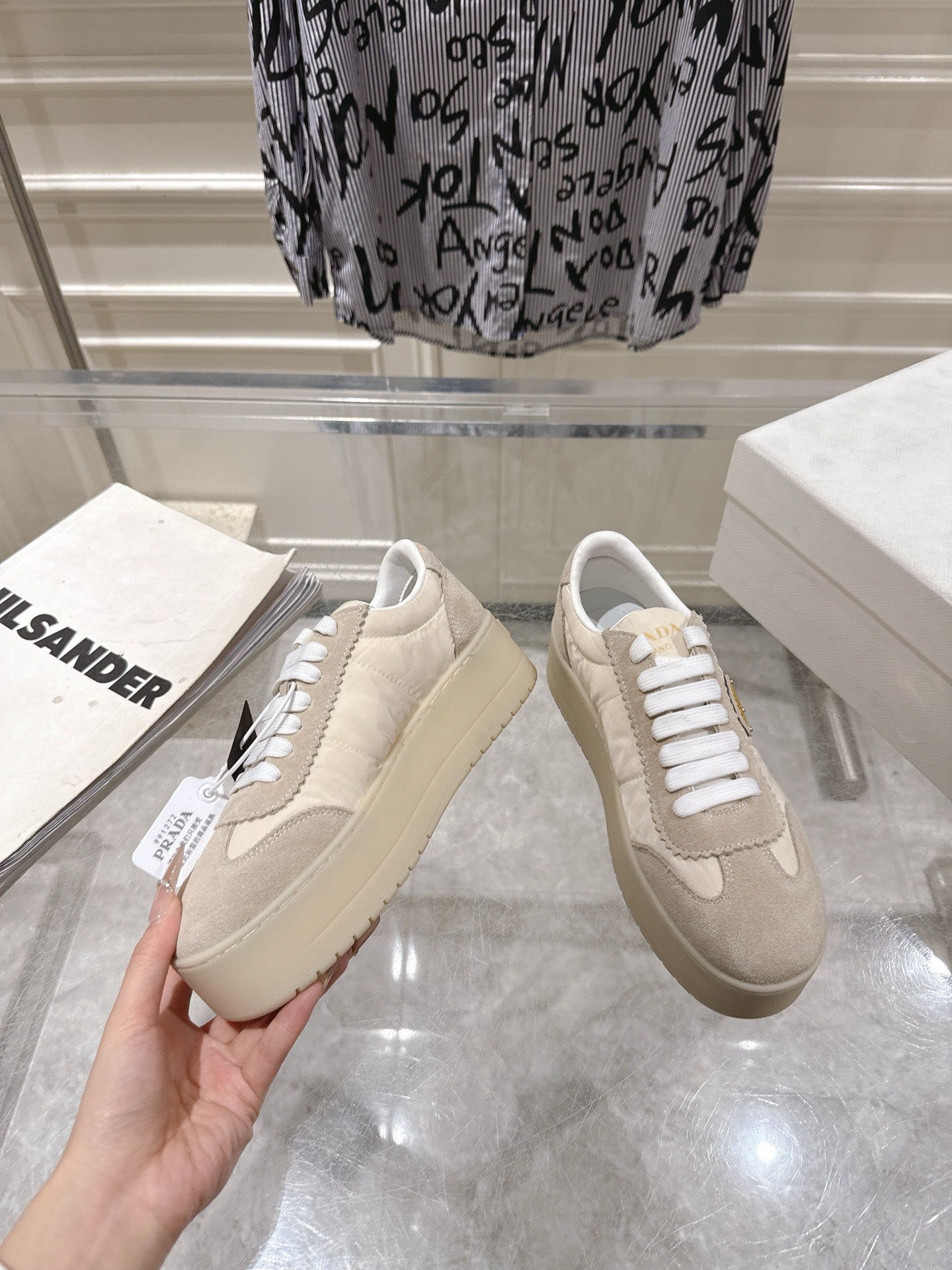 Prada 26s Downtown Sneakers Cream Beige Re-Nylon Suede 968251