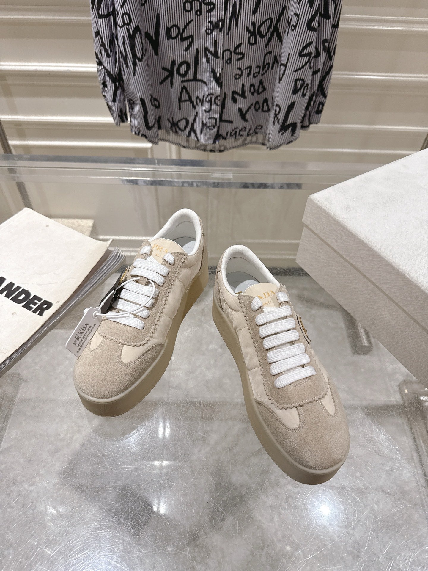 Prada 26s Downtown Sneakers Cream Beige Re-Nylon Suede 968251