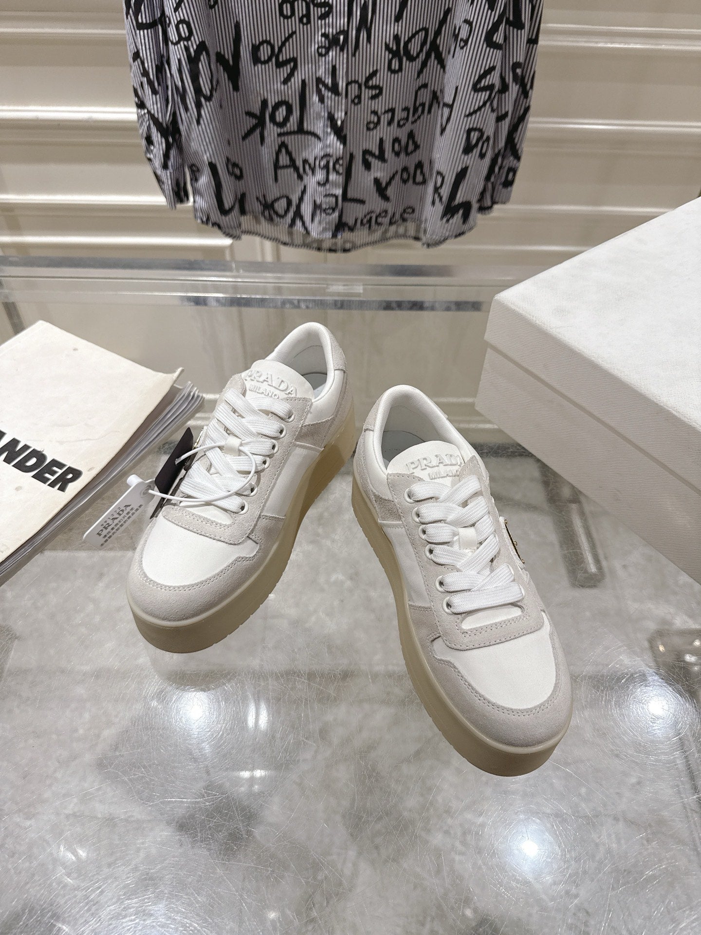 Prada 26s Downtown Sneakers Off White Re-Nylon Suede 968257