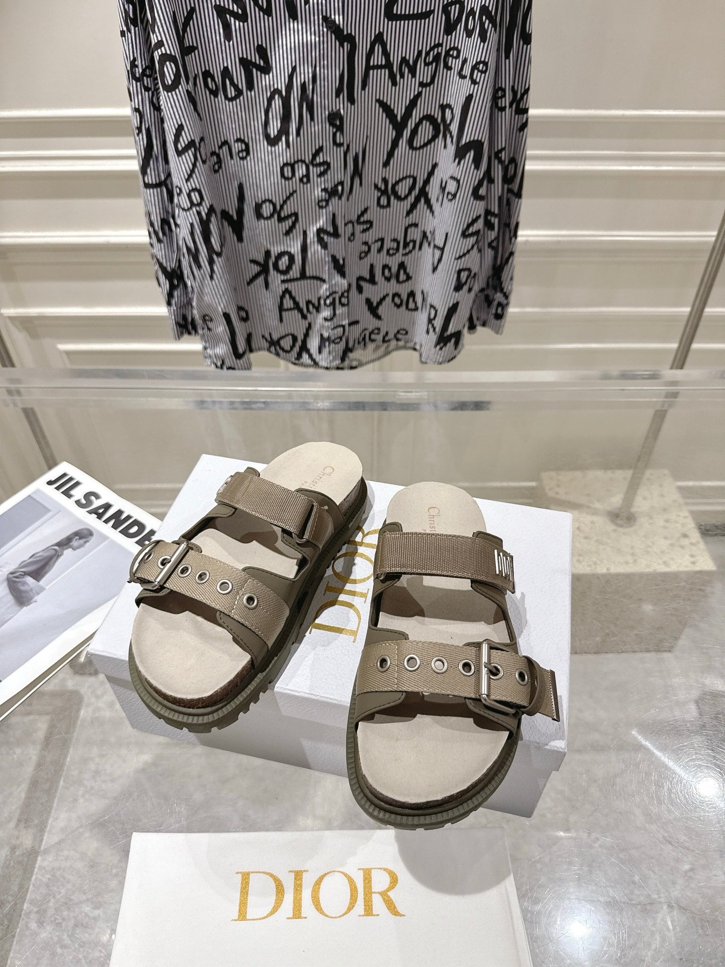 CD 26s Double-Strap Slide Sandals Olive Calfskin 919012