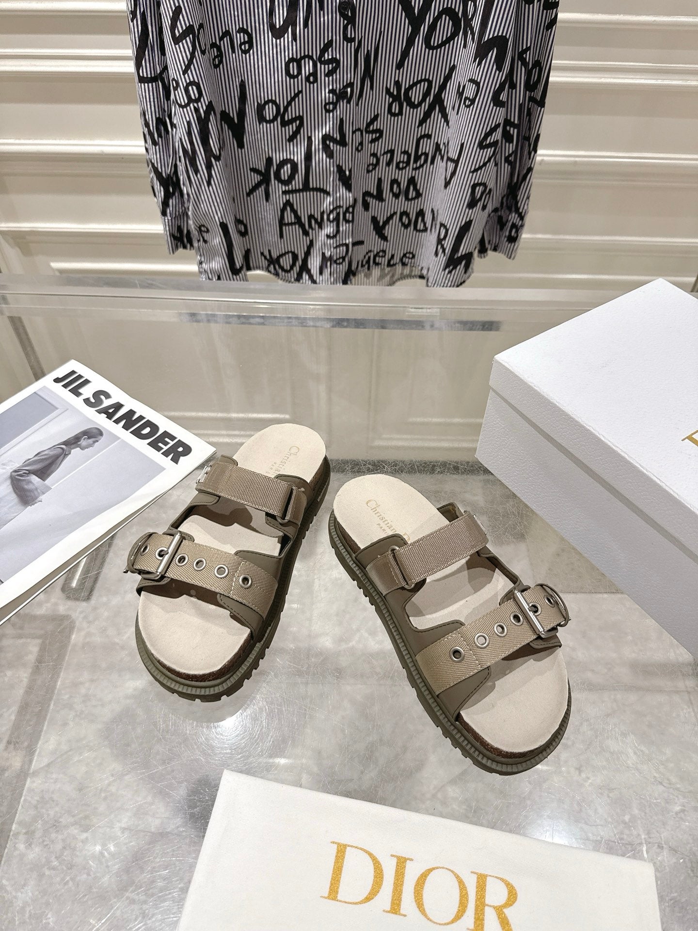 CD 26s Double-Strap Slide Sandals Olive Calfskin 919012