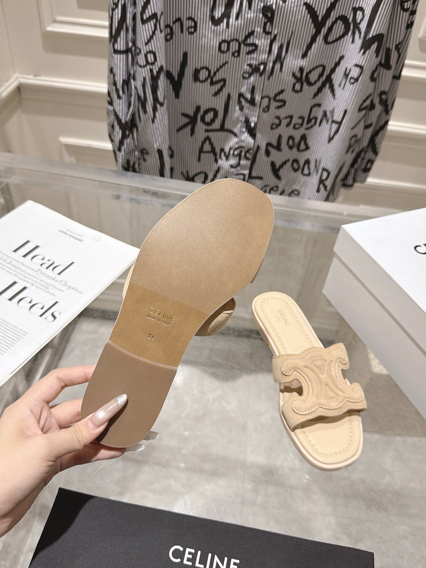 Celine 26s Triomphe Slippers Suede Leather 968245