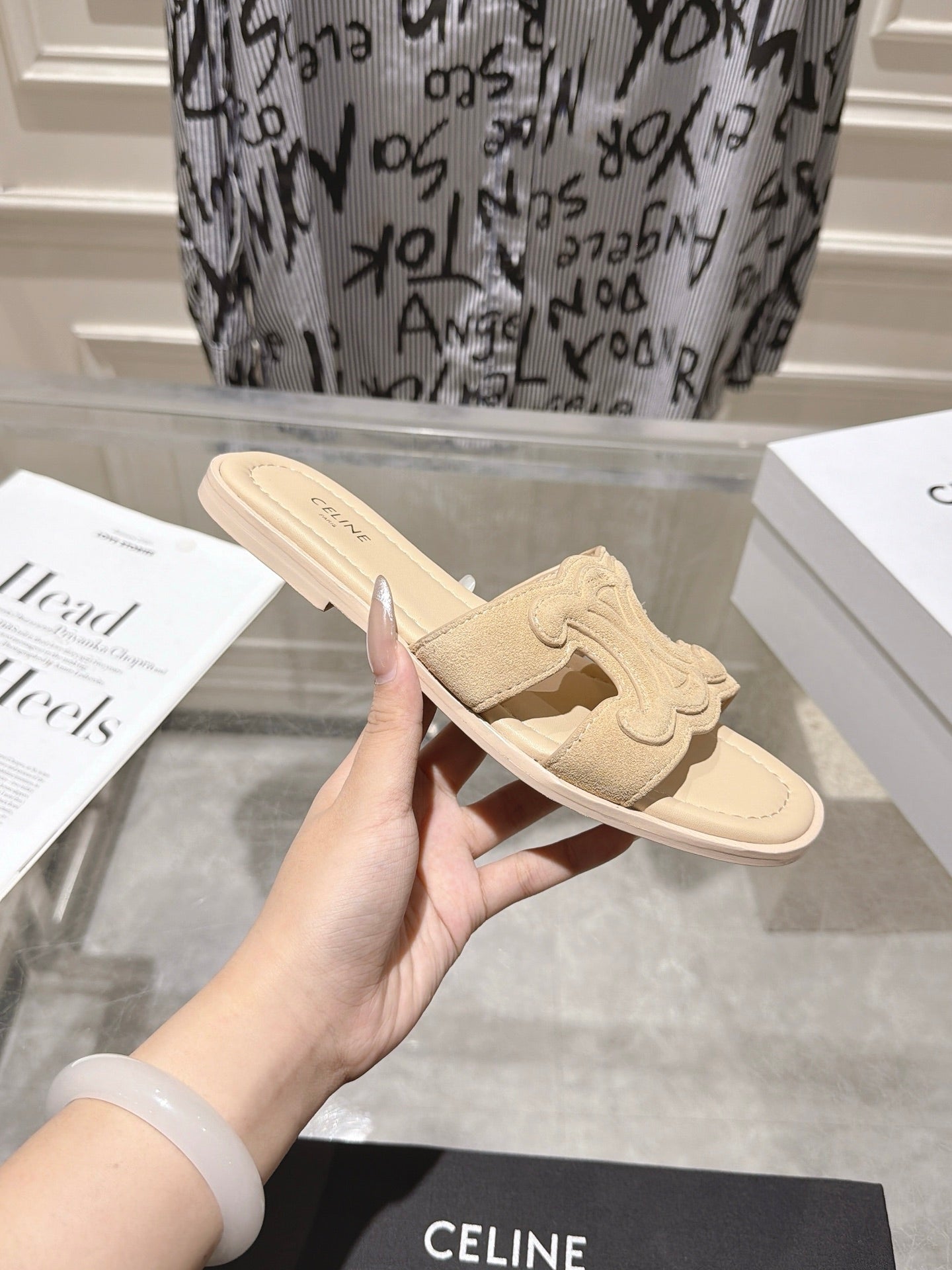 Celine 26s Triomphe Slippers Suede Leather 968245