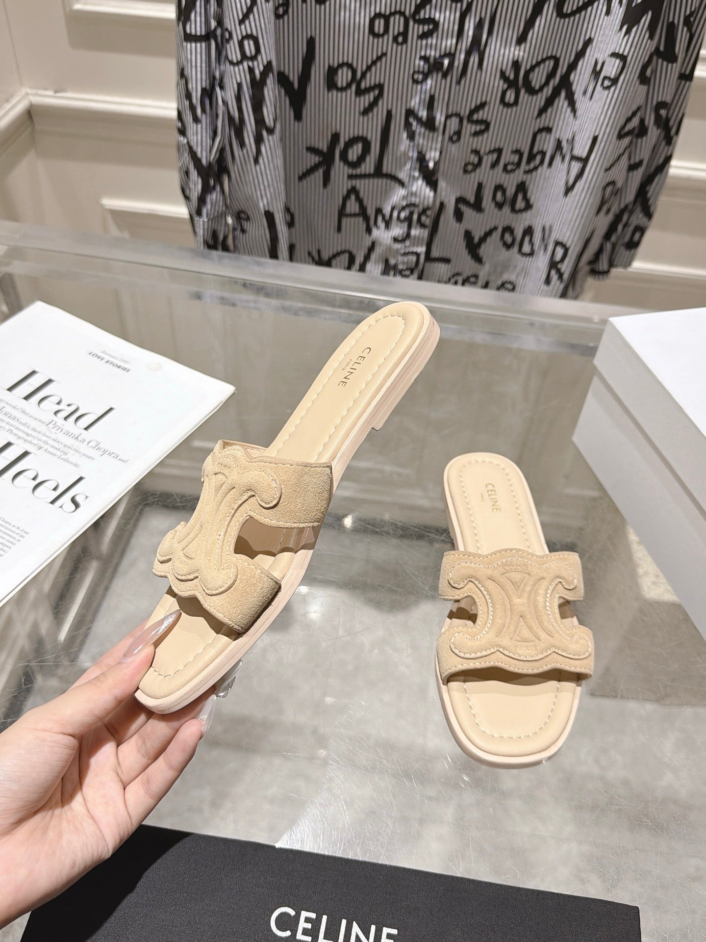 Celine 26s Triomphe Slippers Suede Leather 968245