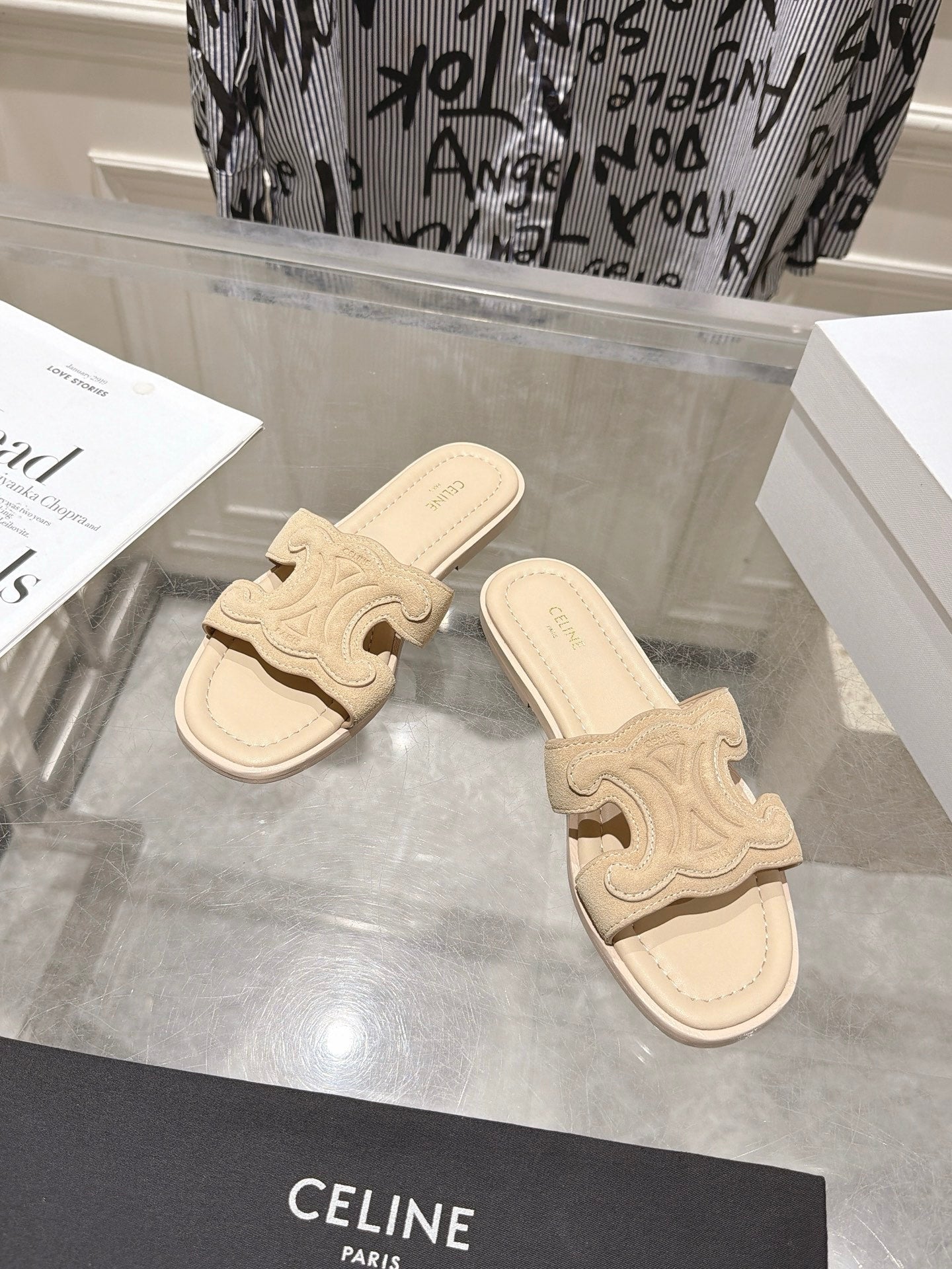 Celine 26s Triomphe Slippers Suede Leather 968245