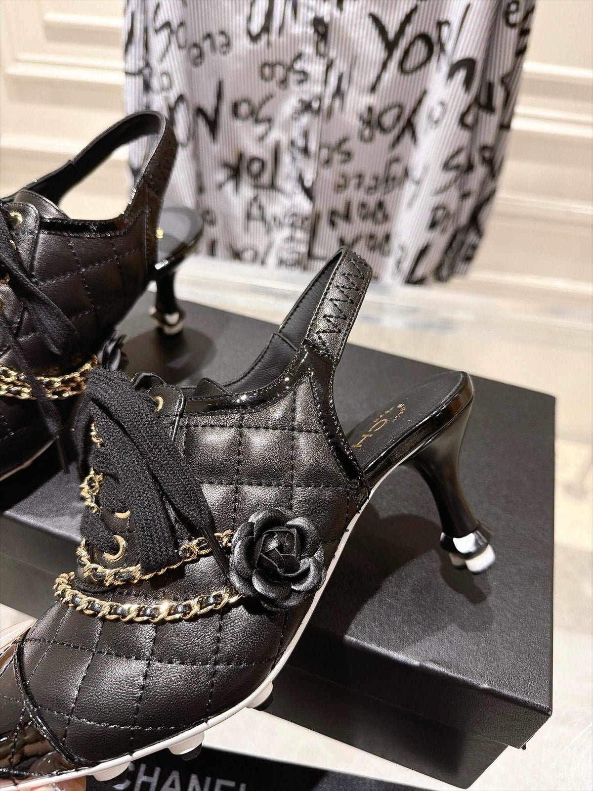 CC 26b Quilted Lace Up Slingback Black Leather 124291