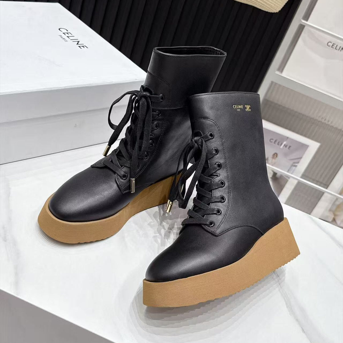 CE 26s Wedge Combat Boots 5cm Black Gum Leather 131453