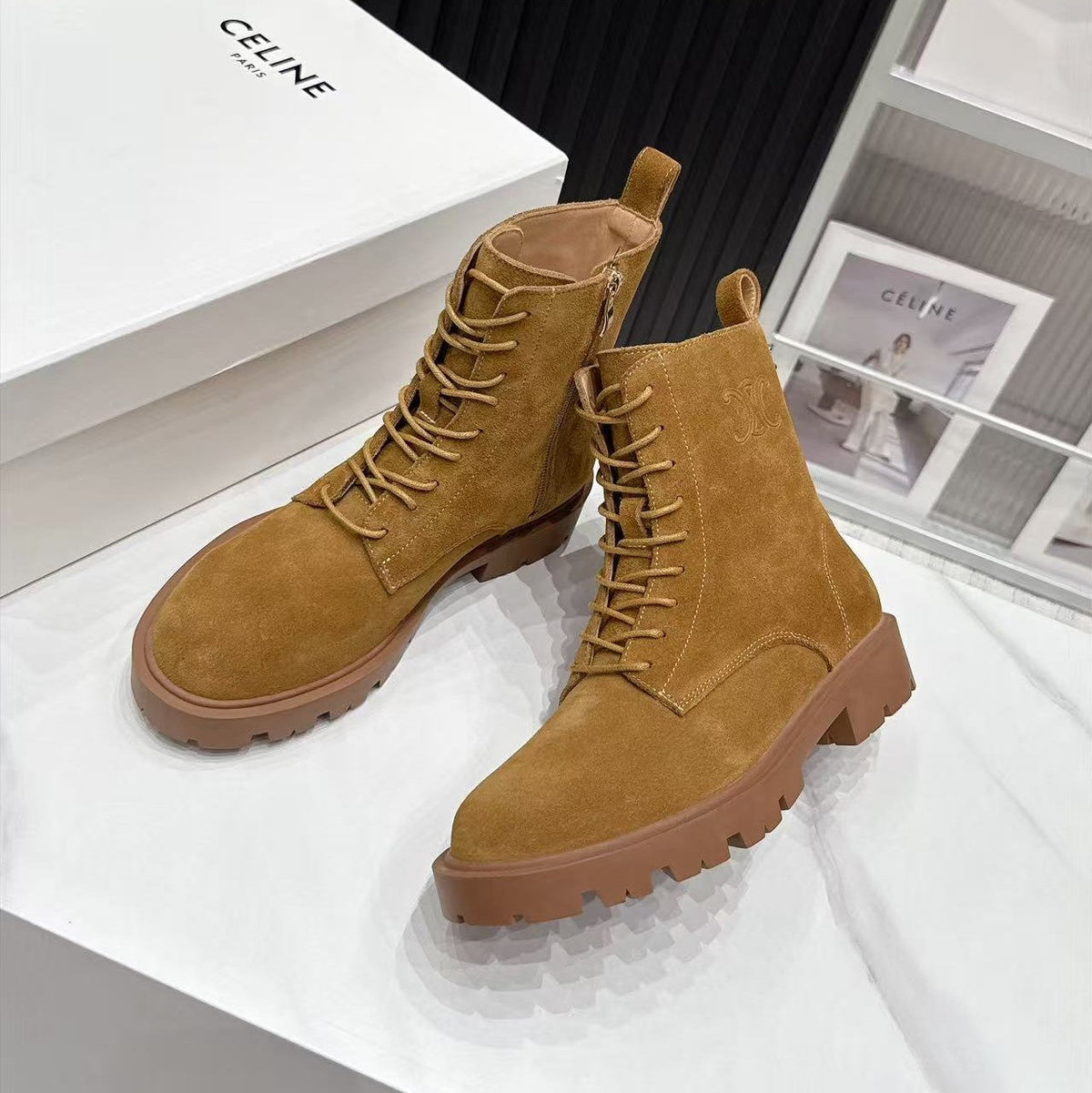 CE 26s Margaret Combat Boots 3.5cm Tan Suede 147662
