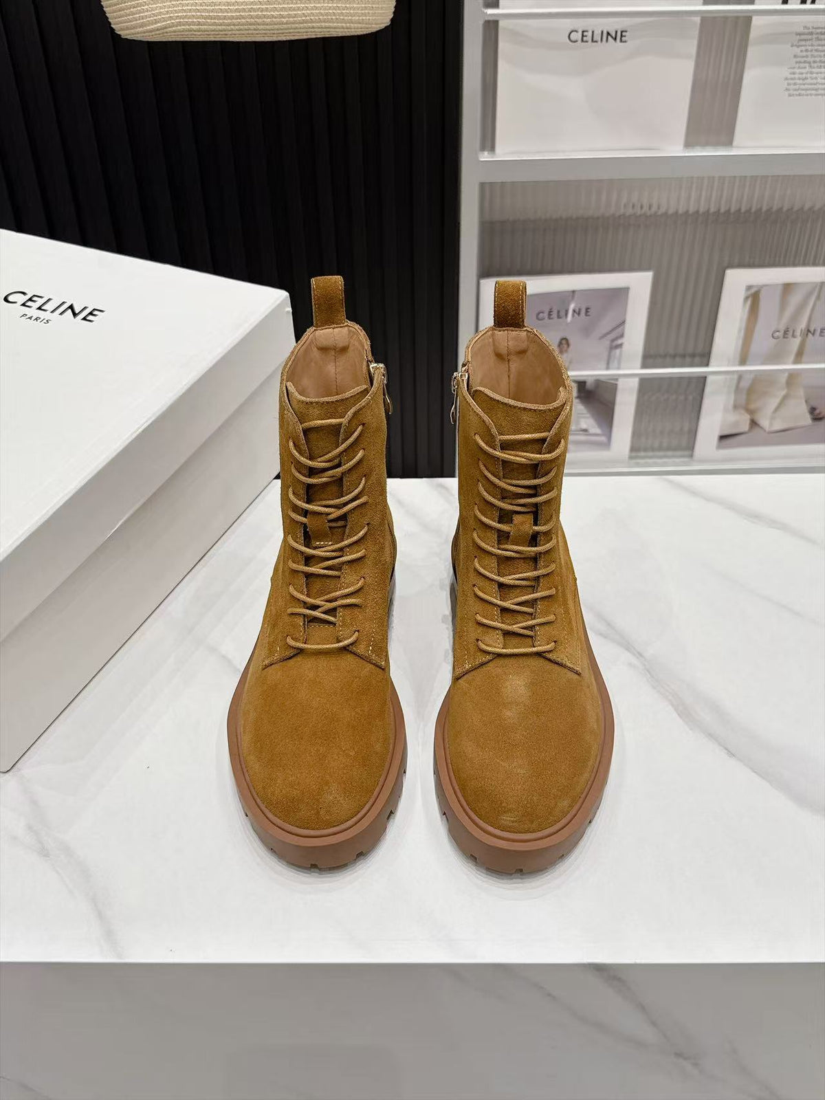 CE 26s Margaret Combat Boots 3.5cm Tan Suede 147662