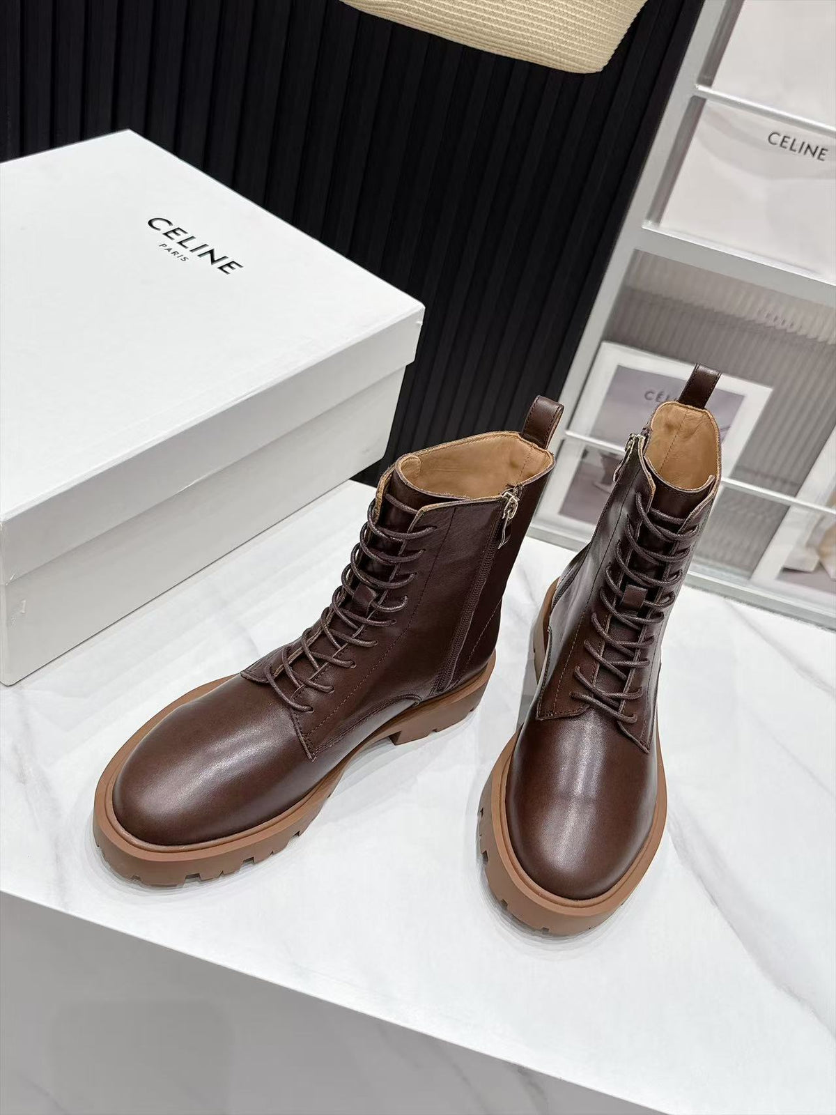 CE 26s Margaret Combat Boots 3.5cm Brown Leather 147663