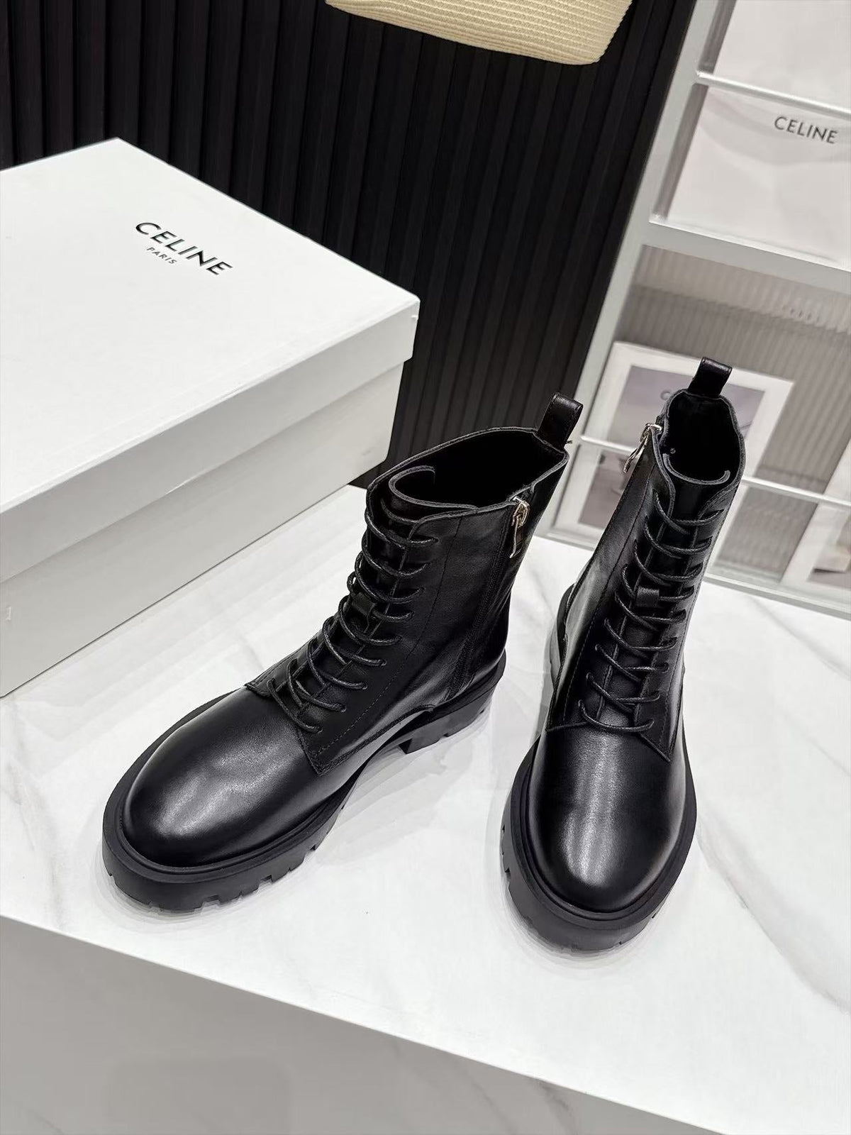 CE 26s Margaret Combat Boots 3.5cm Black Leather 147664