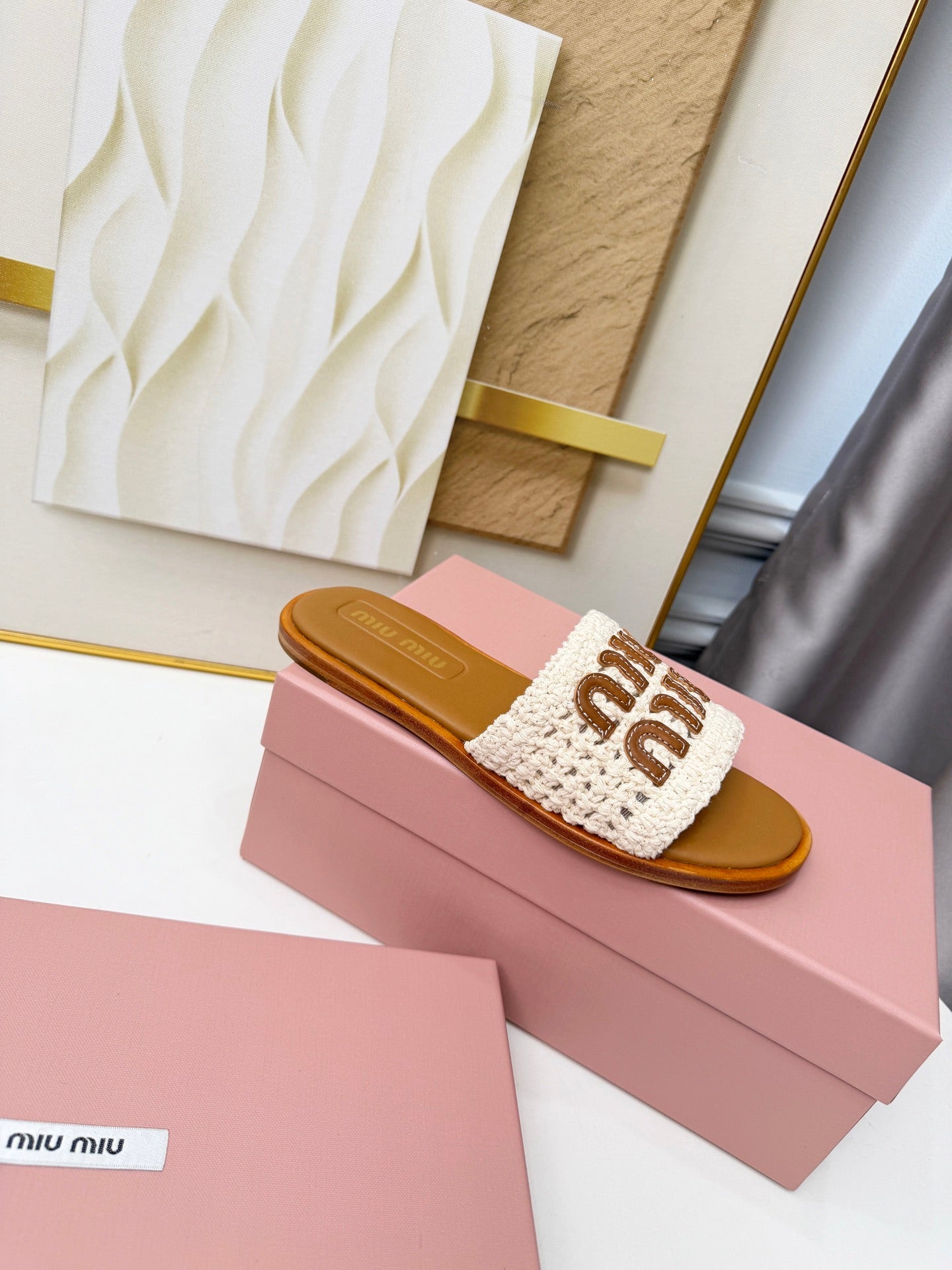 Miu Logo-Patch Slides Brown White Leather Woven 935772