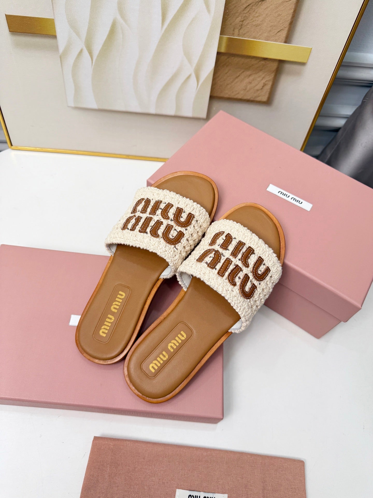 Miu Logo-Patch Slides Brown White Leather Woven 935772