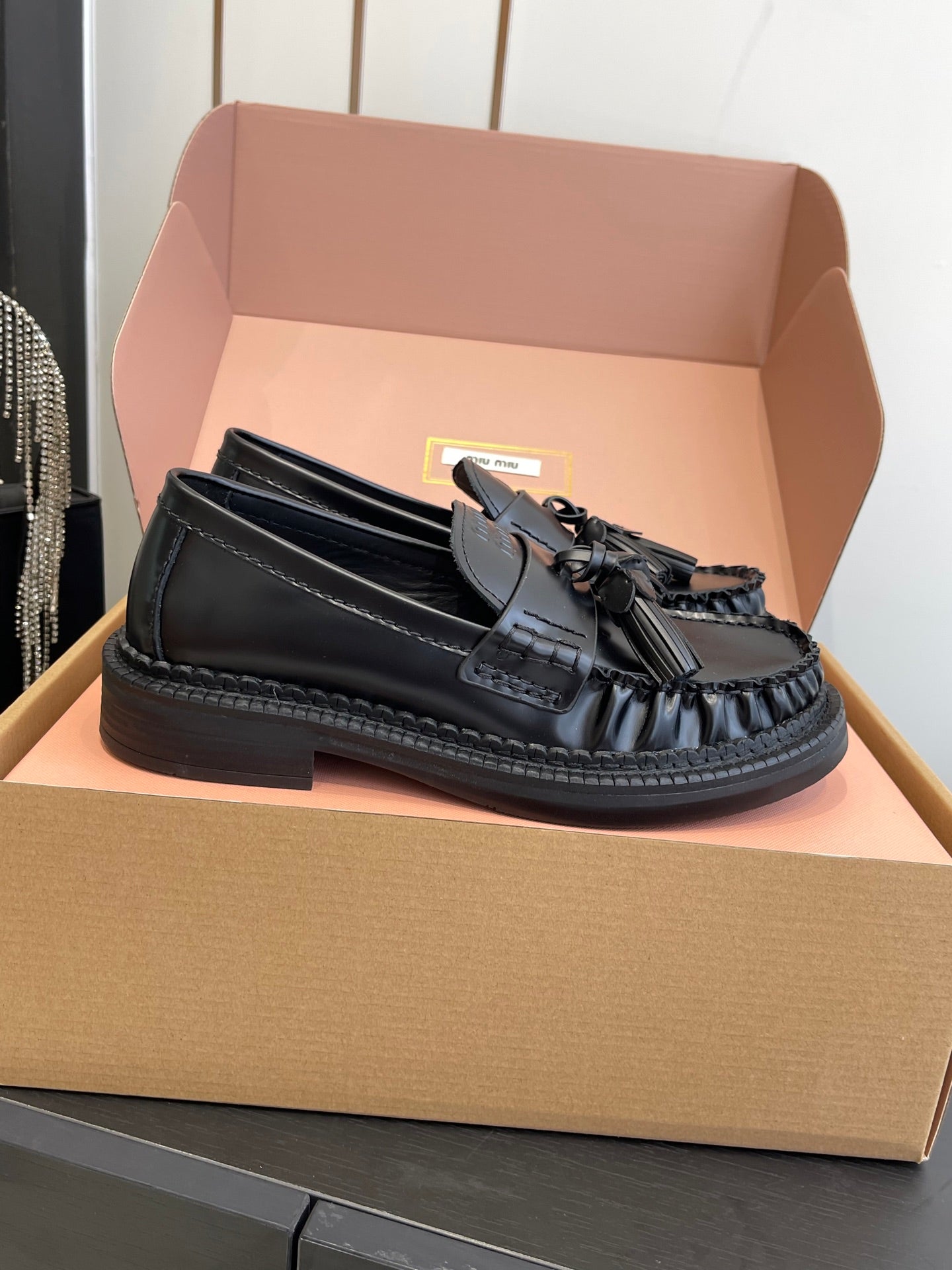 Miu Tassel Loafers Black Polished Leather 490950