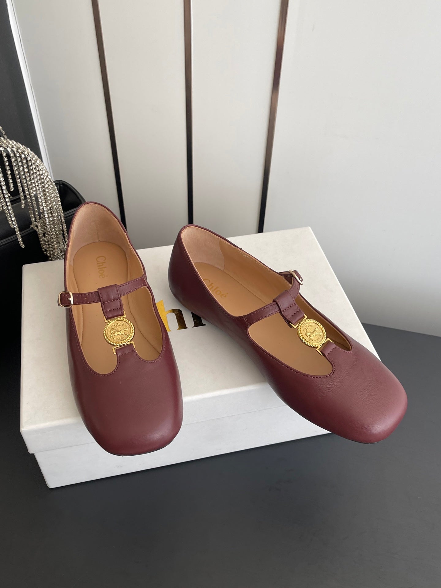 Chloé 26S Mary Jane Shoes in Dark Red Calfskin