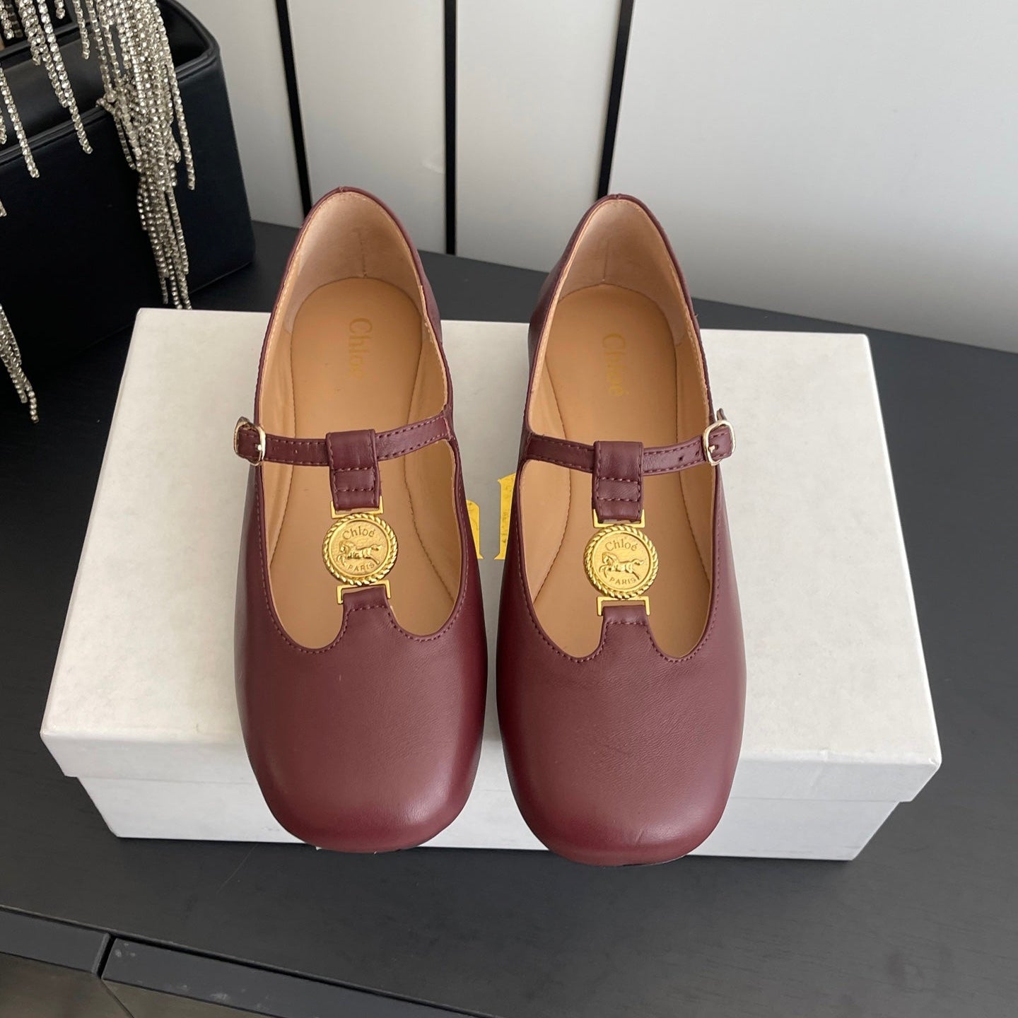 Chloé 26S Mary Jane Shoes in Dark Red Calfskin