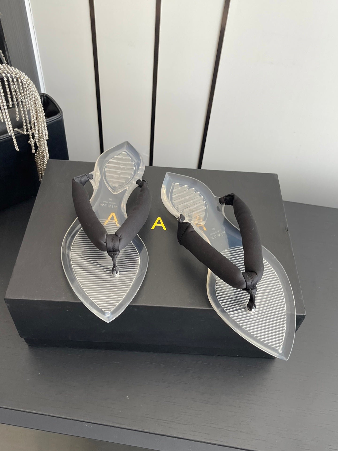 Alaïa Invisible Thong Mules Black Satin 740042