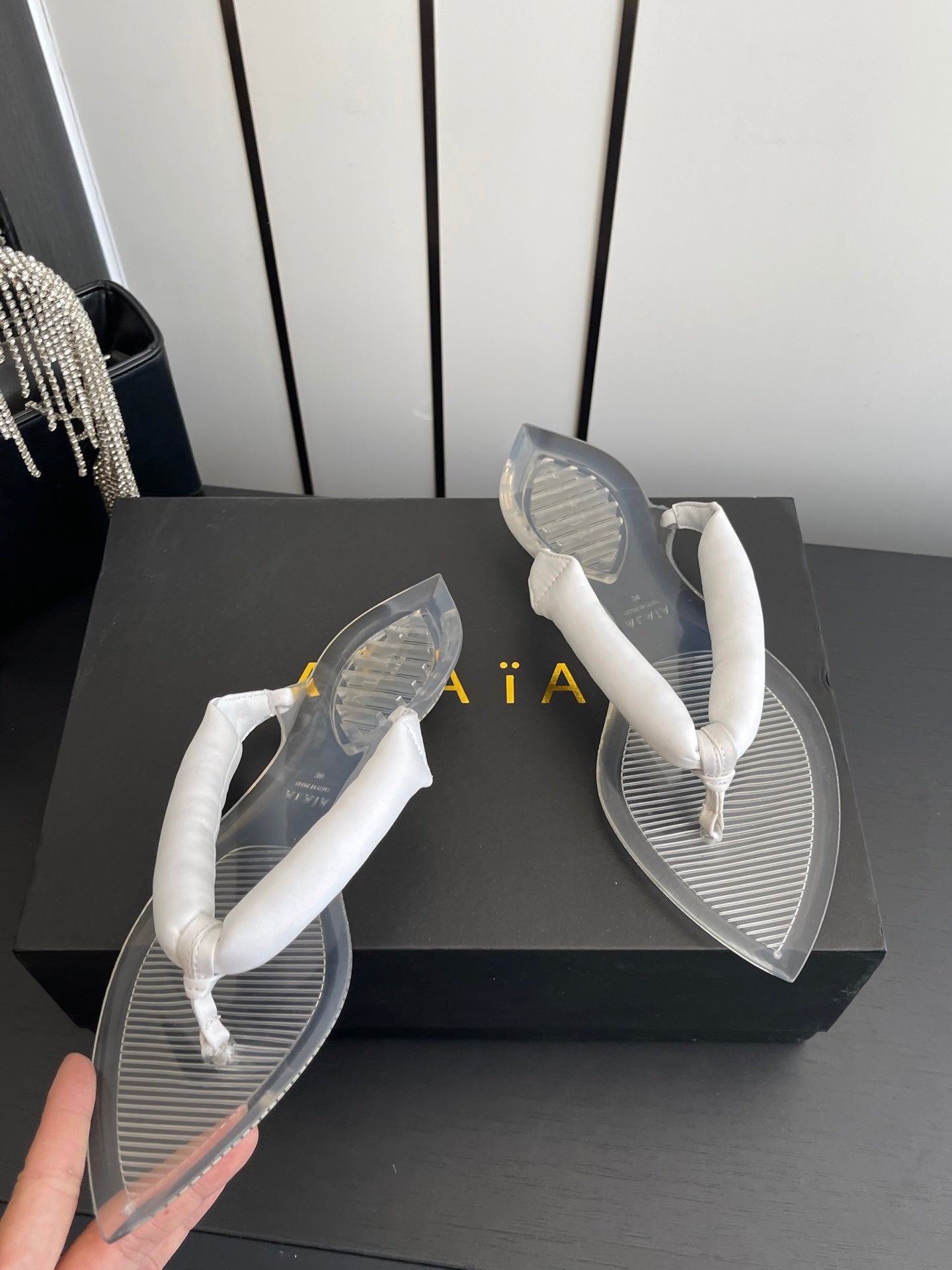 Alaïa Invisible Thong Mules White Satin 740043