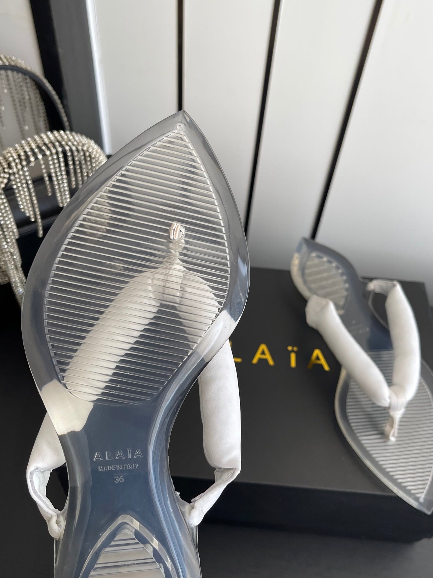 Alaïa Invisible Thong Mules White Satin 740043