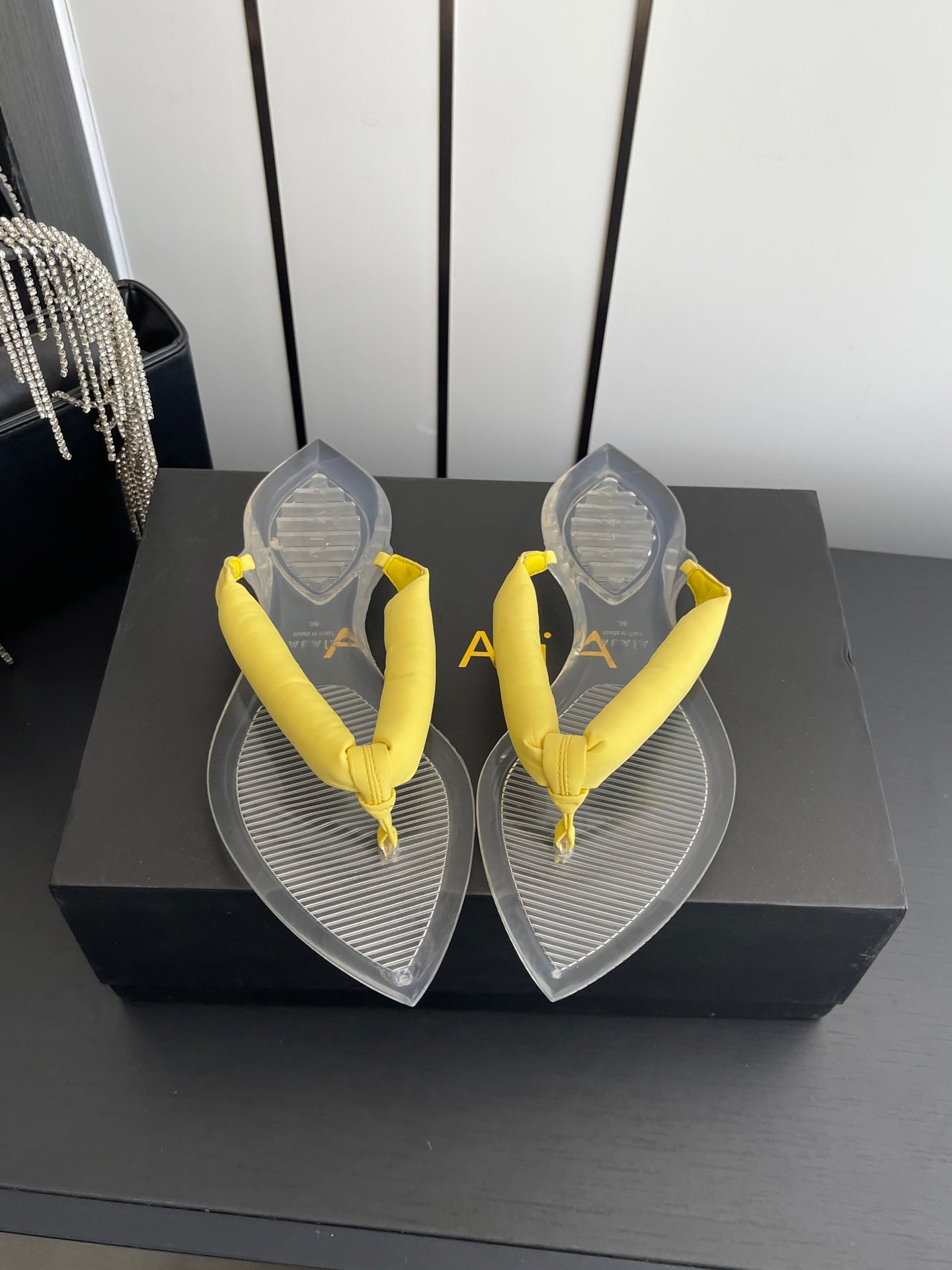 Alaïa Invisible Thong Mules Light Yellow Satin 740045