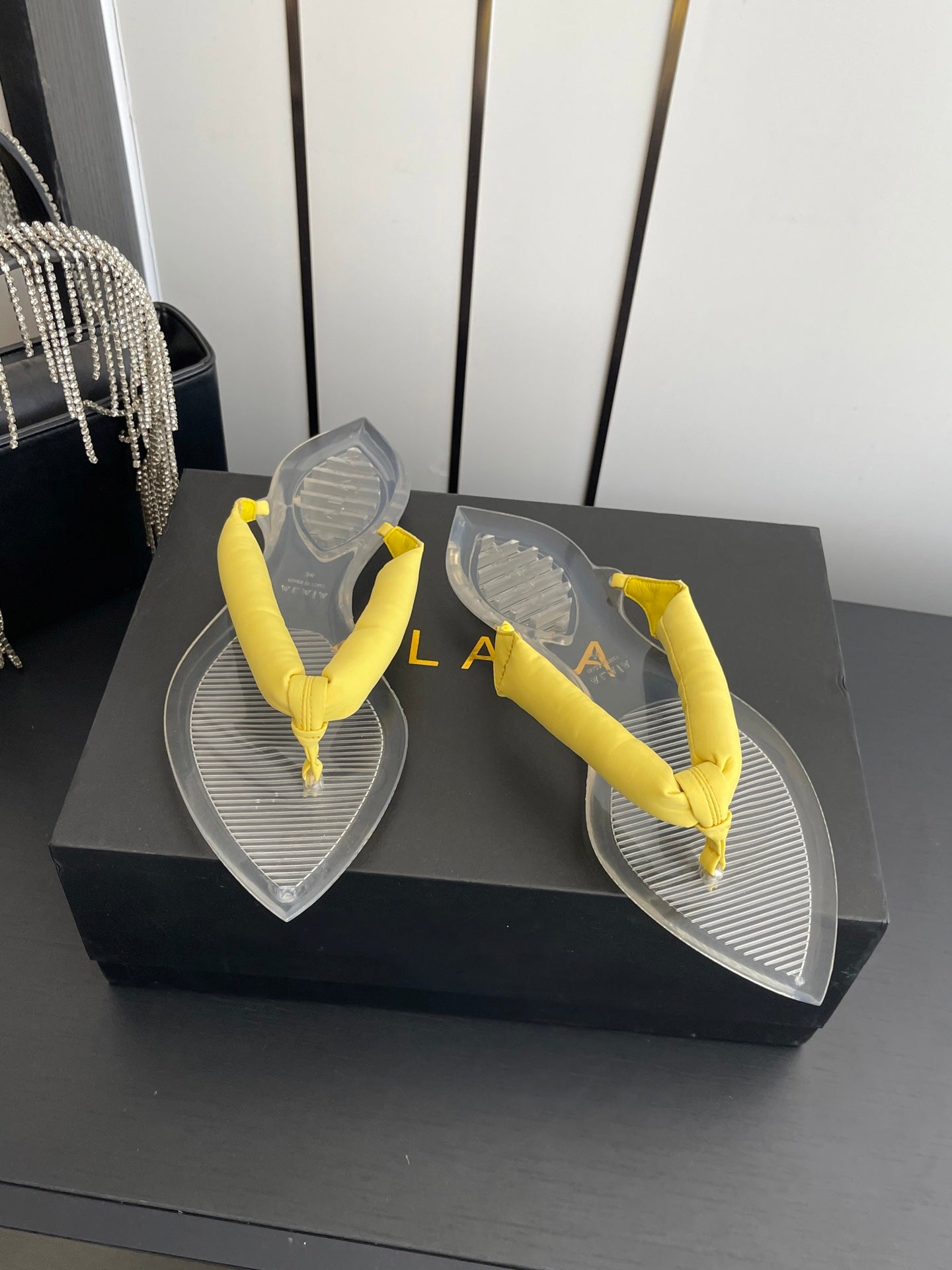 Alaïa Invisible Thong Mules Light Yellow Satin 740045