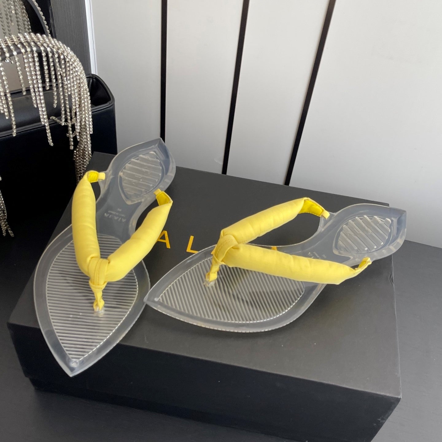 Alaïa Invisible Thong Mules Light Yellow Satin 740045