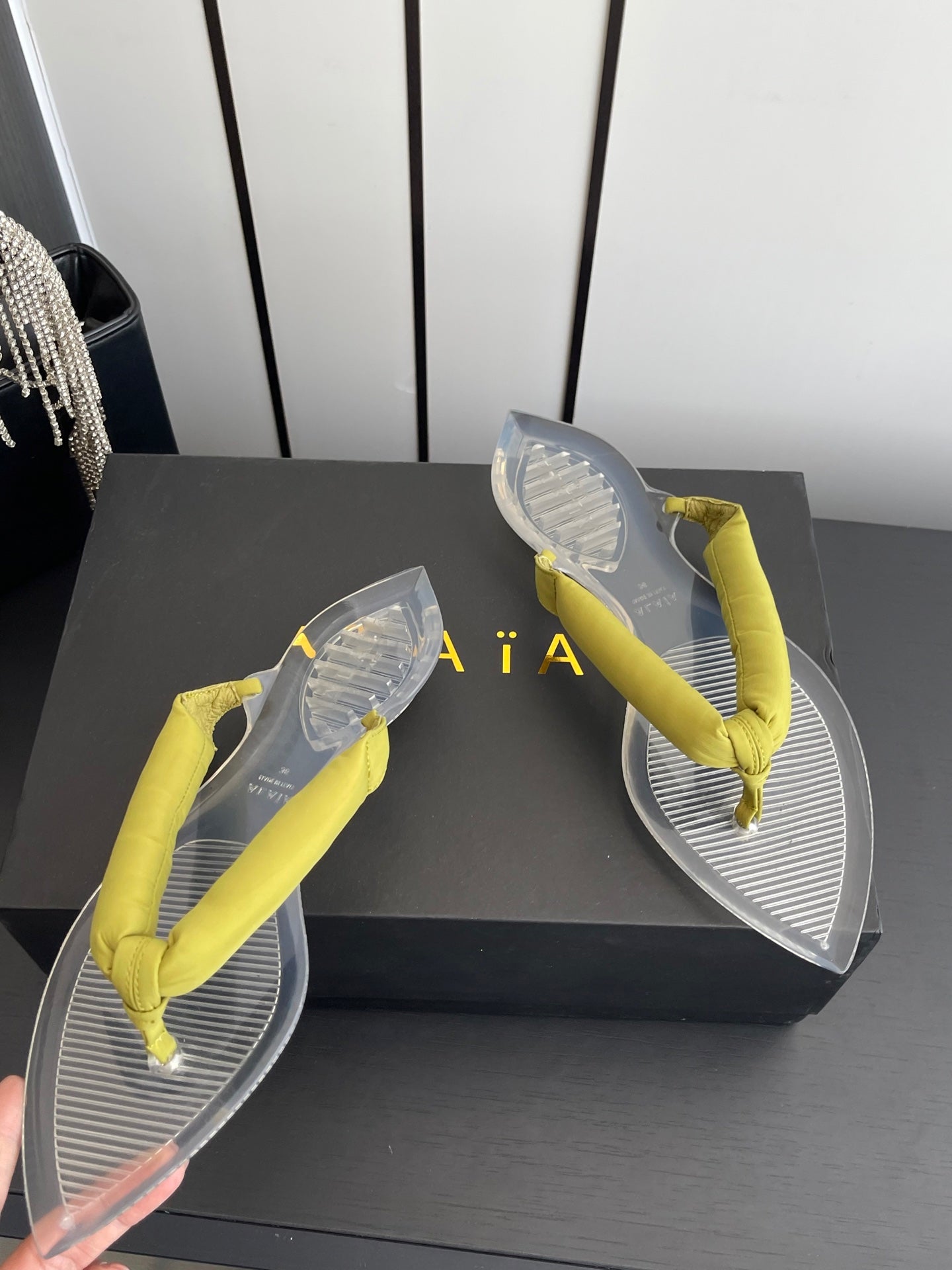 Alaïa Invisible Thong Mules Yellow Satin 740046