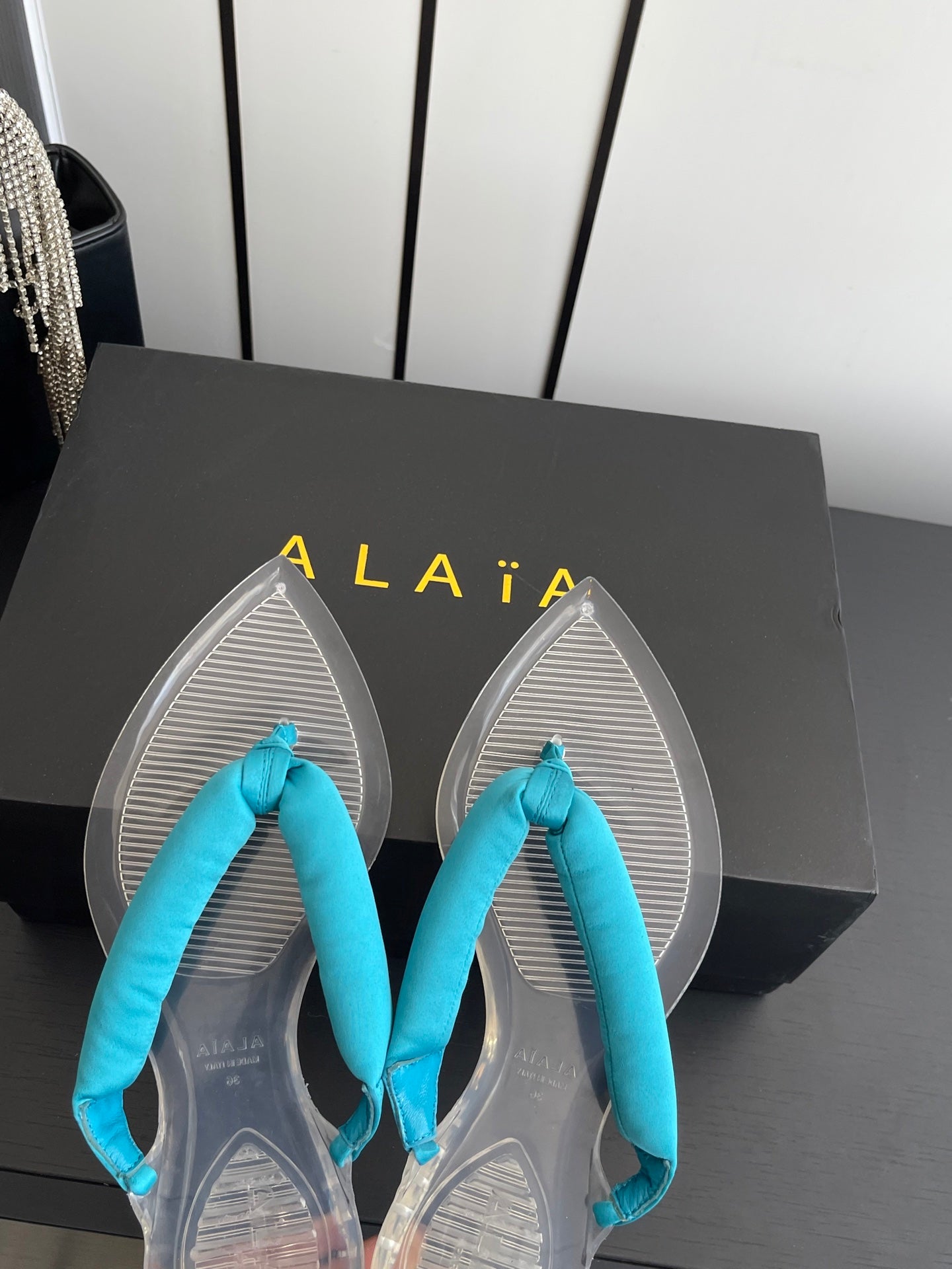 Alaïa Invisible Thong Mules Yellow Satin 740046