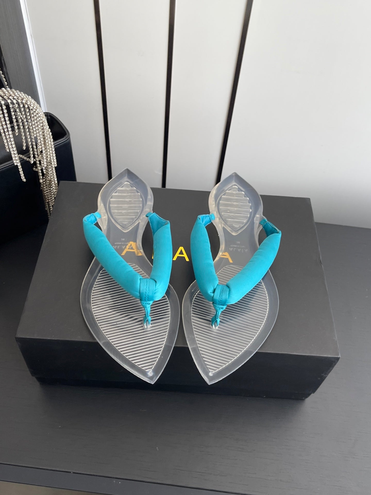 Alaïa Invisible Thong Mules Light Blue Satin 740044