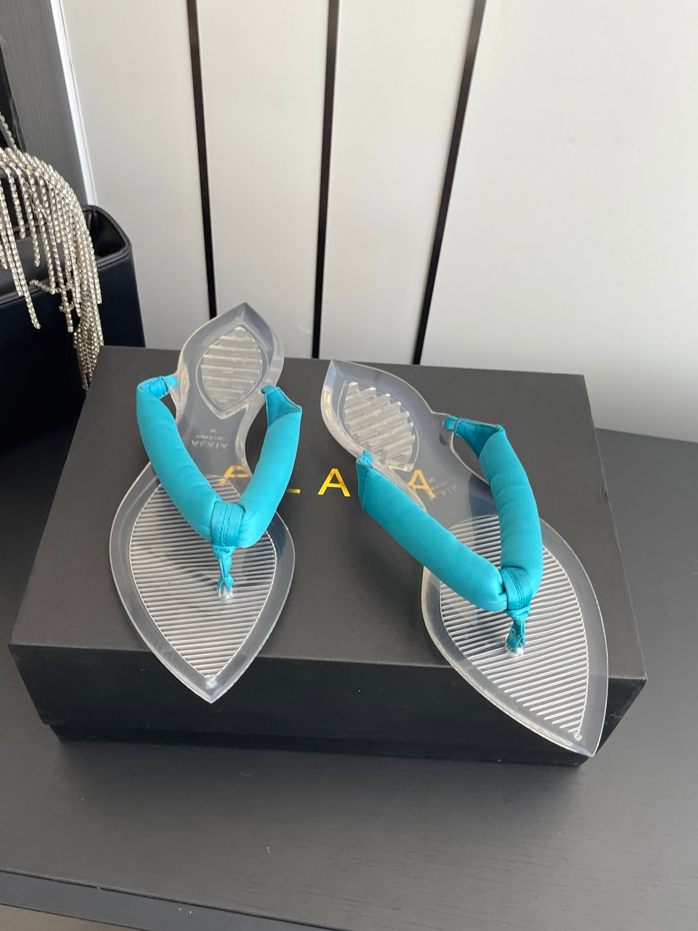Alaïa Invisible Thong Mules Light Blue Satin 740044