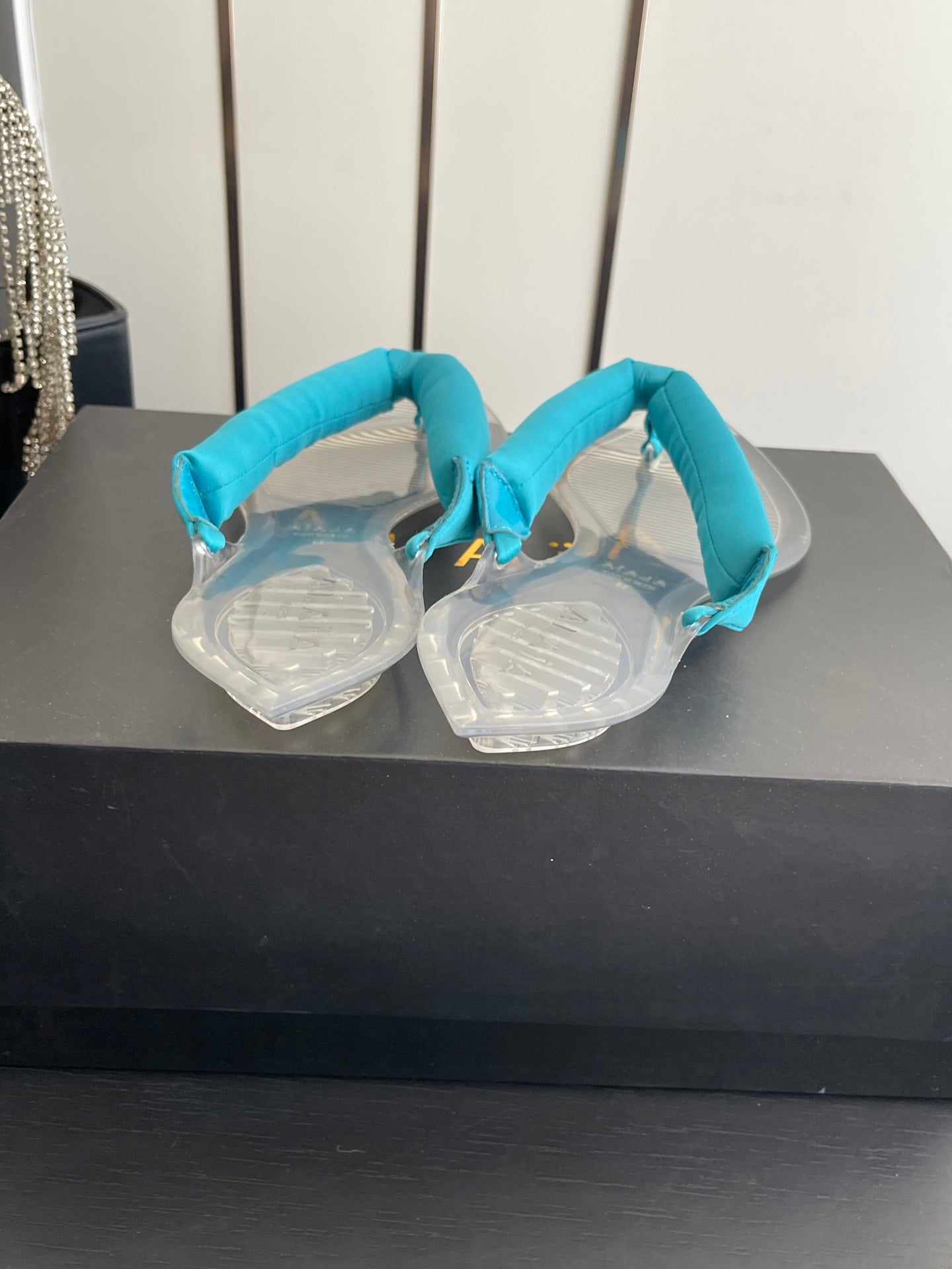Alaïa Invisible Thong Mules Light Blue Satin 740044