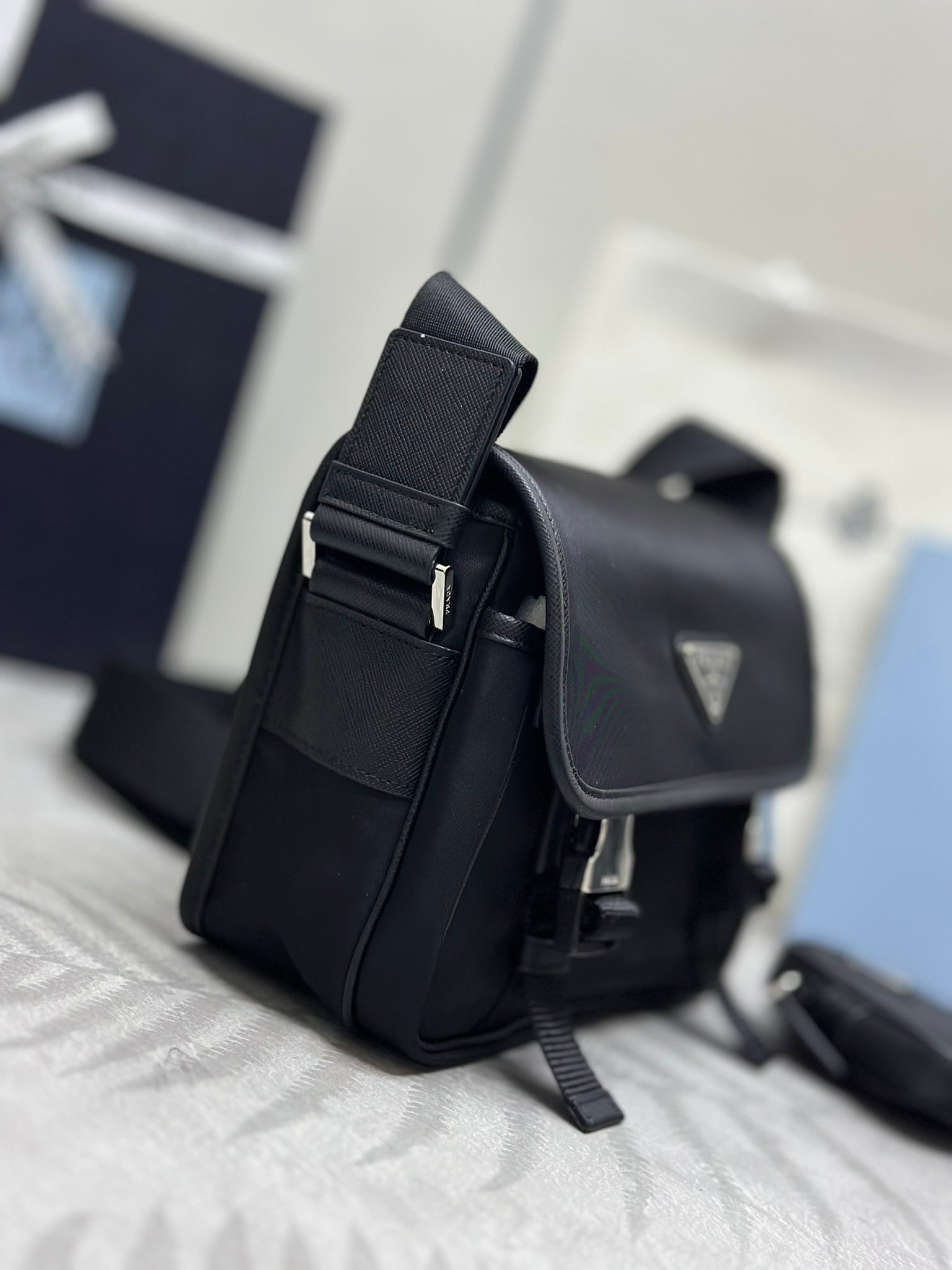 Prada 25AW Men's Saddle Bag 22 Black Re Nylon Fabric