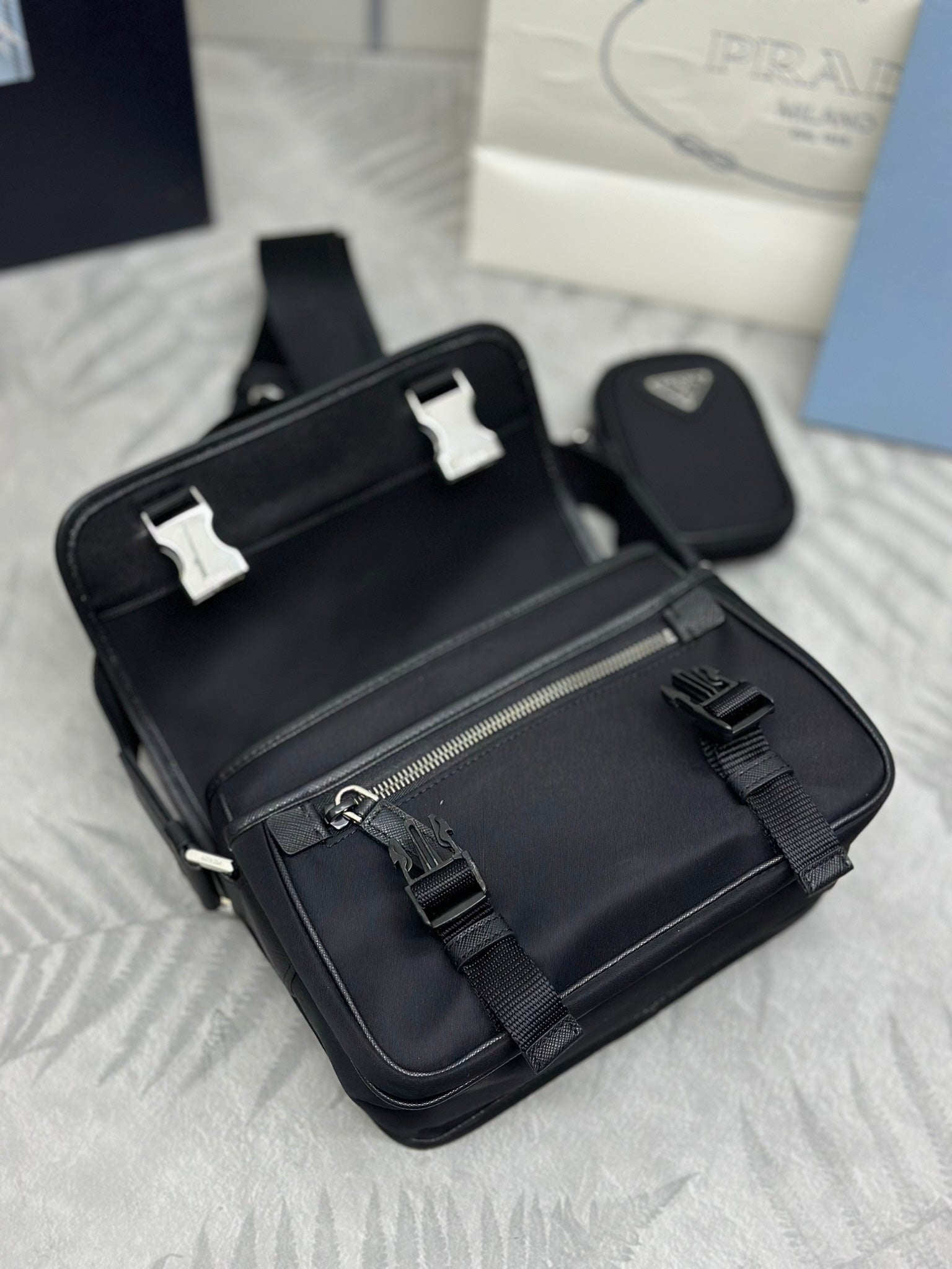Prada 25AW Men's Saddle Bag 22 Black Re Nylon Fabric