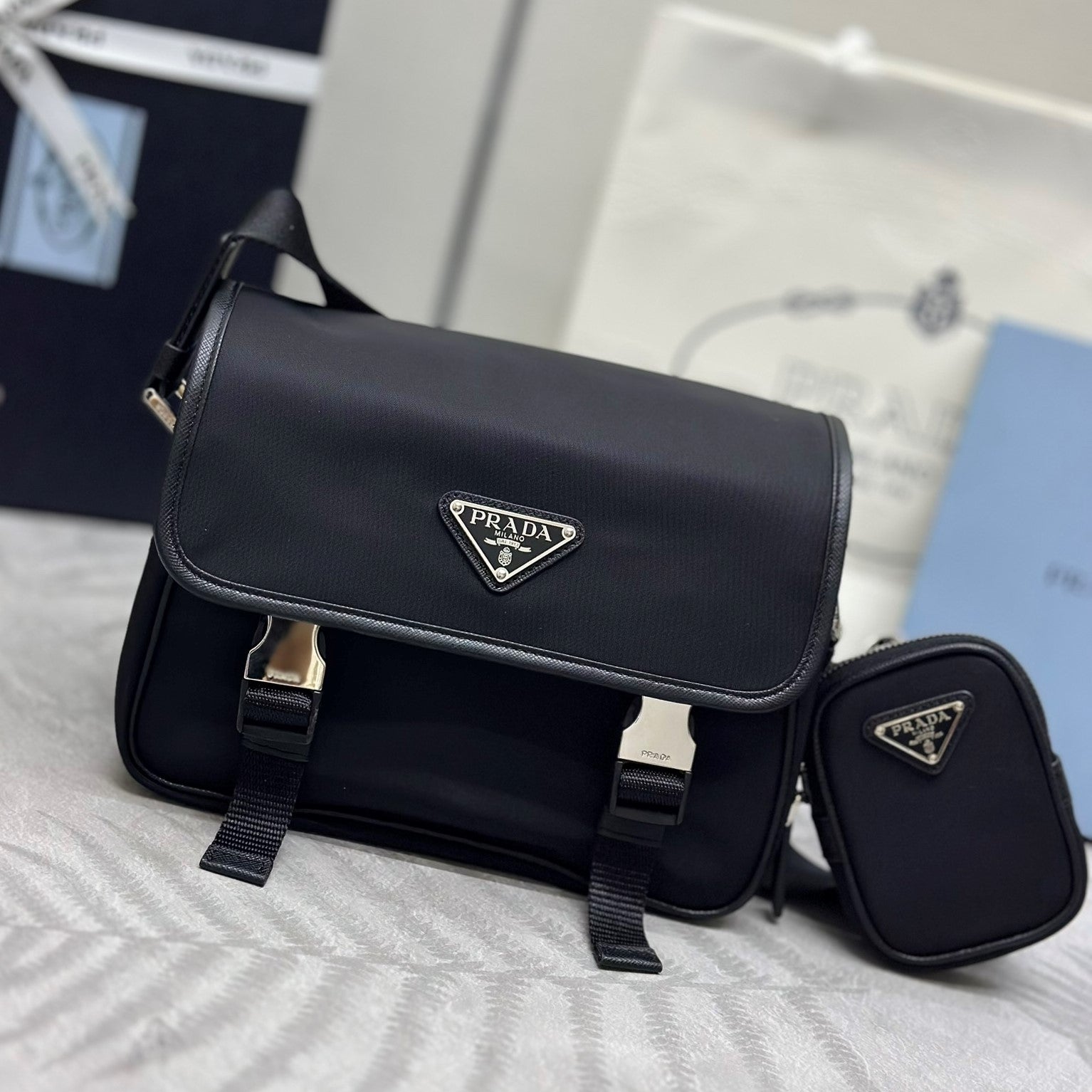 Prada 25AW Men's Saddle Bag 22 Black Re Nylon Fabric
