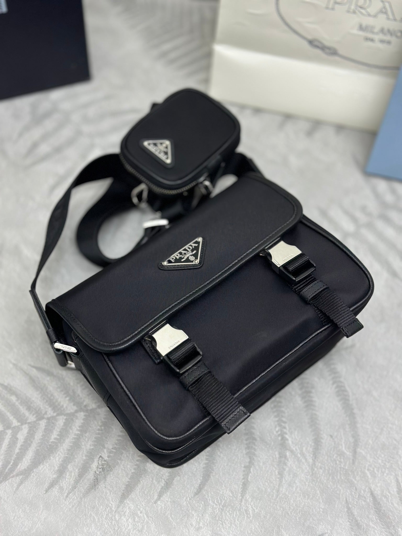 Prada 25AW Men's Saddle Bag 22 Black Re Nylon Fabric