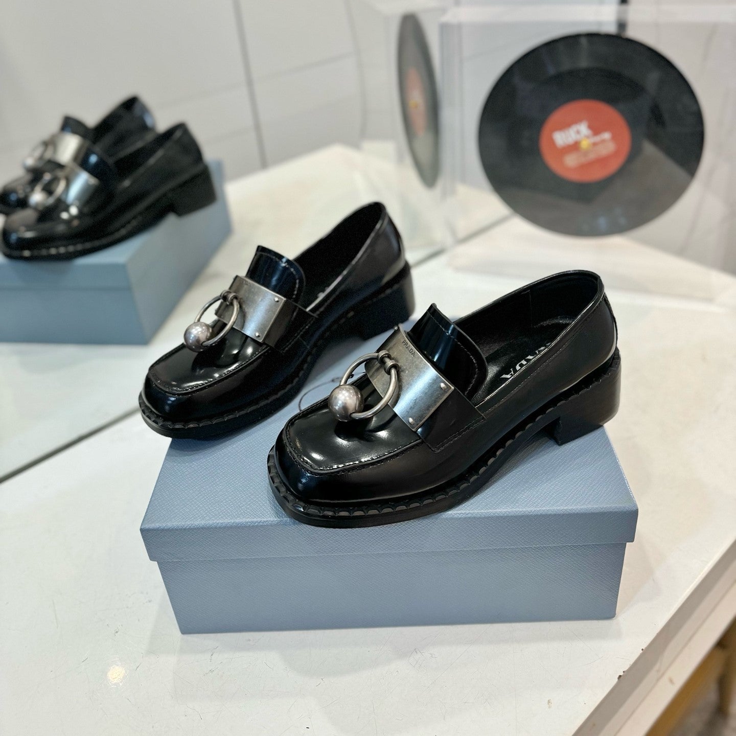 Prada 26s Ball Chain Loafers Black Brushed Leather 941515