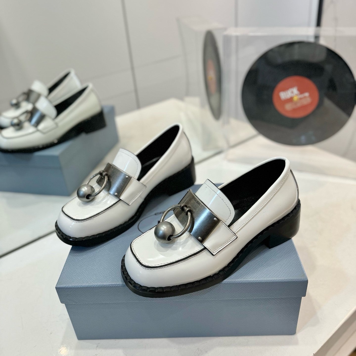 Prada 26s Ball Chain Loafers White Brushed Leather 941516